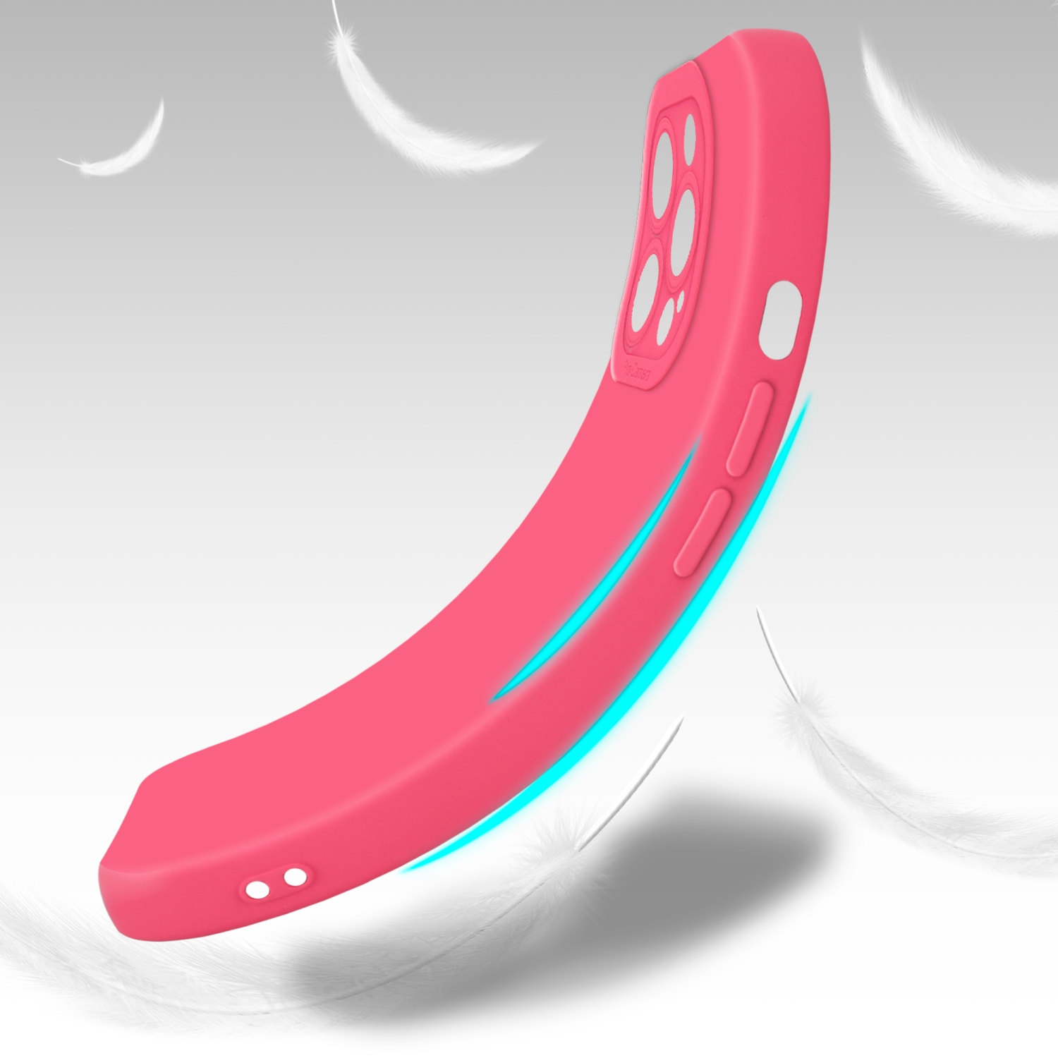 Custodia rosa, leggermente curva, con piume bianche fluttuanti.