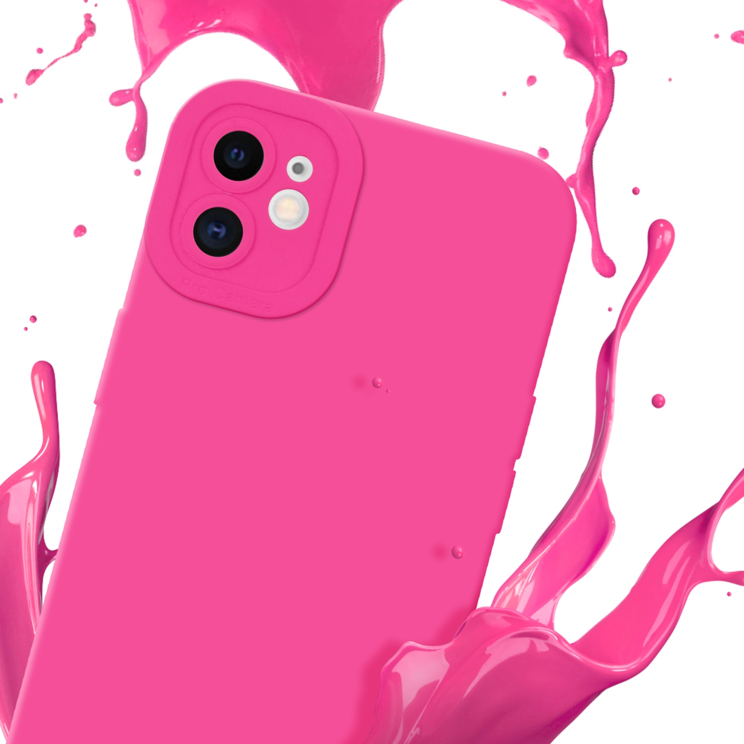 Una custodia per telefono rosa con un alloggiamento per la fotocamera. Schizzi di vernice rosa.