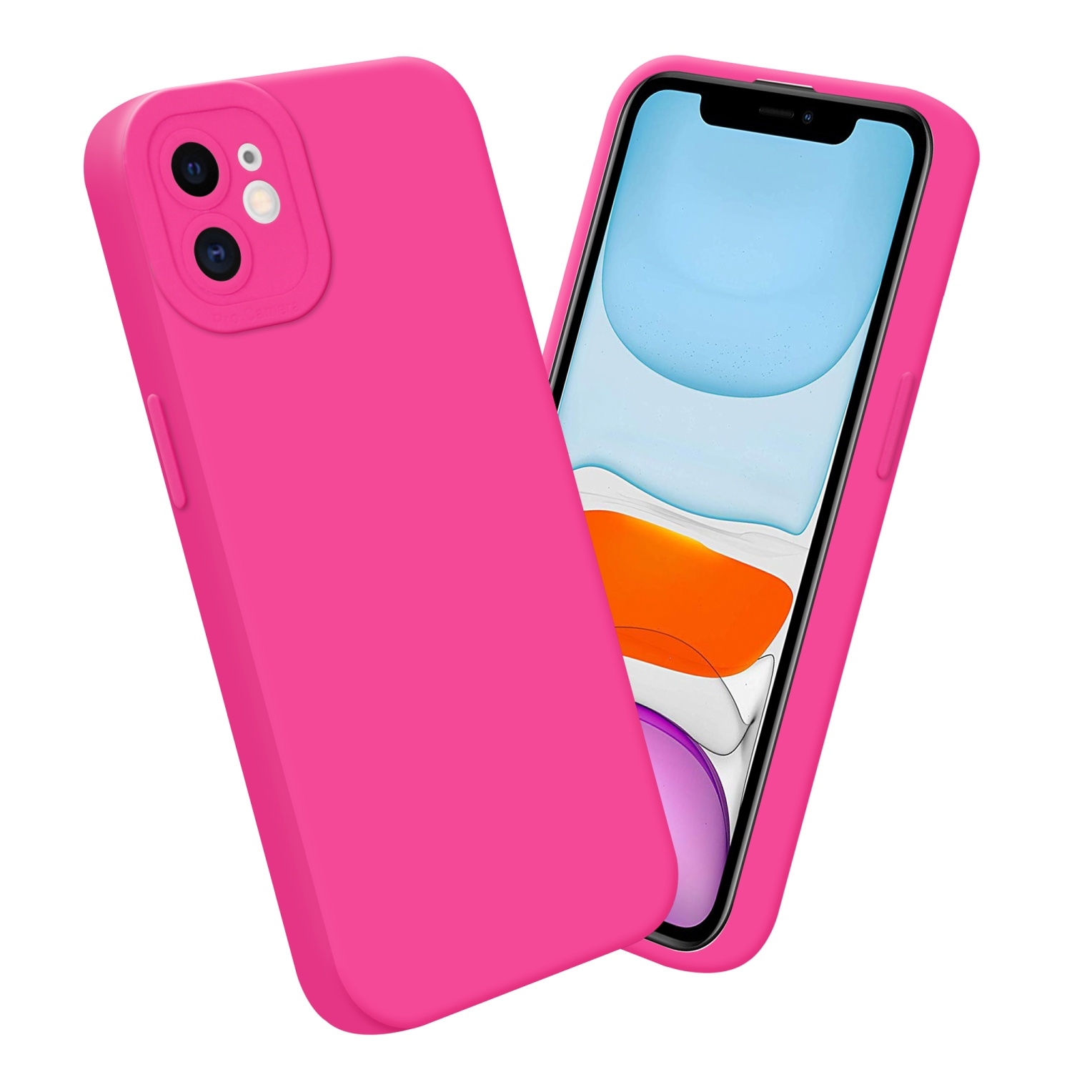 Due custodie fucsia. Una è aperta con un telefono all'interno, che mostra un'immagine colorata. Sfondo bianco.