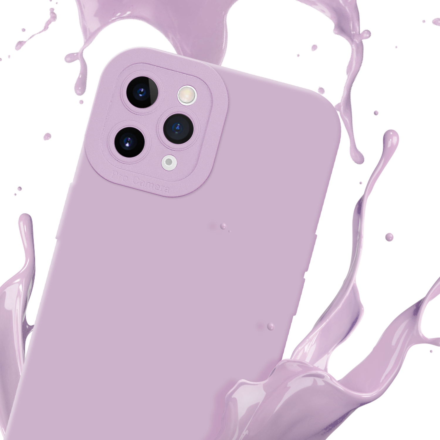 Una custodia per telefono lilla ha schizzi di vernice viola attorno all'alloggiamento della fotocamera.
