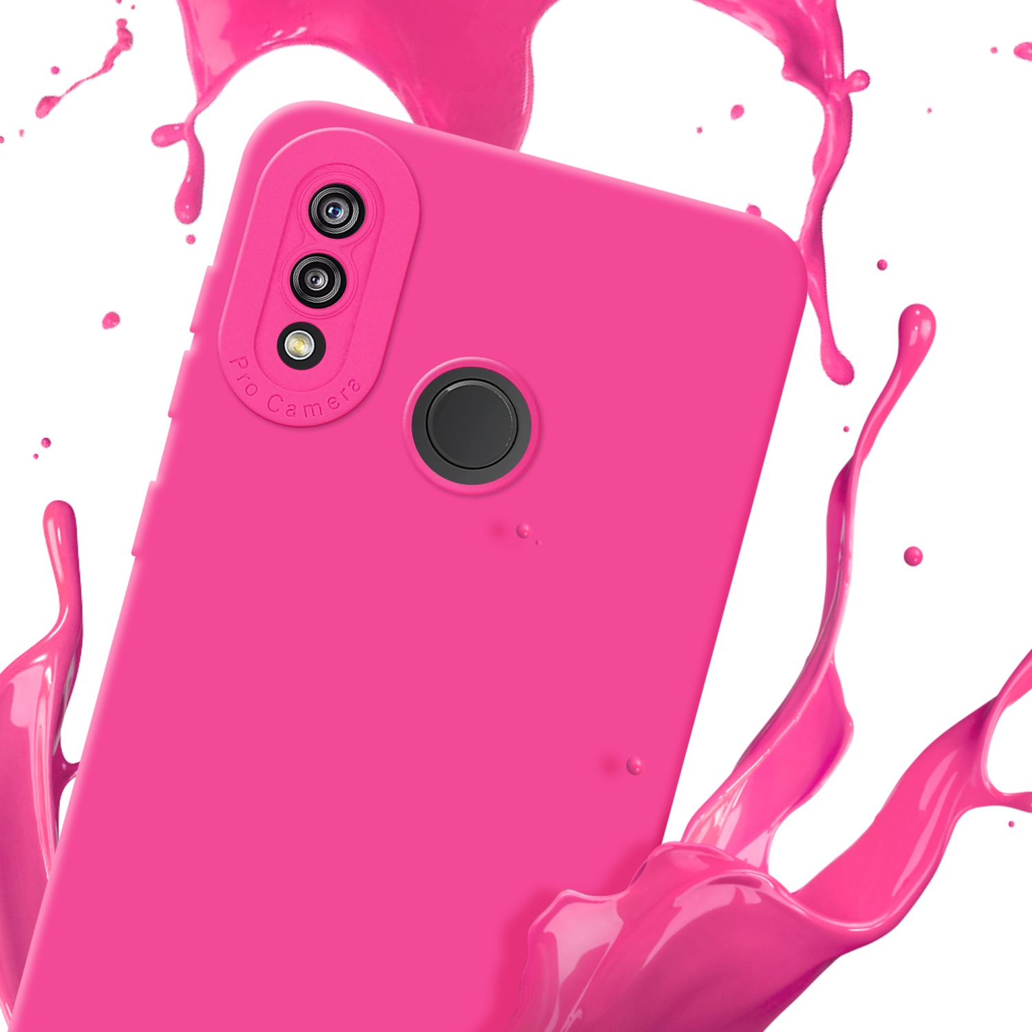 Custodia rosa con schizzi. Tre fotocamere sul retro. Le parole Pro Camera sono visibili.