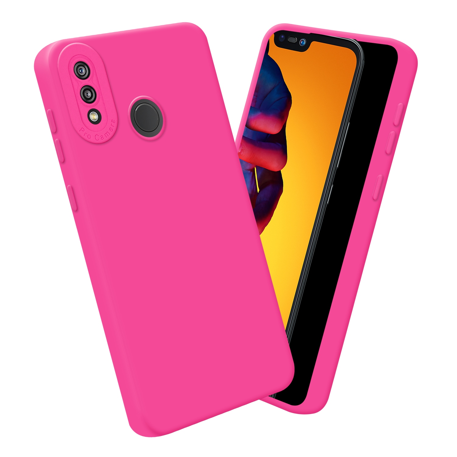 Custodia e telefono rosa. Due telefoni, che mostrano le lenti della fotocamera.