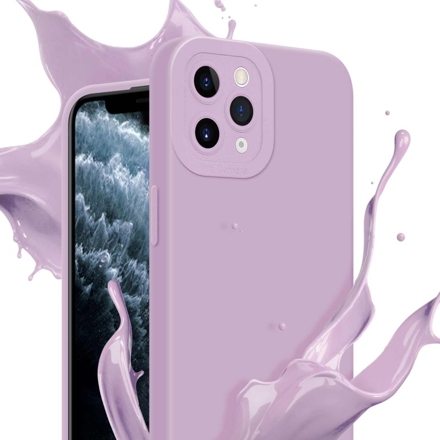 Custodia viola con un telefono. La custodia è davanti e il telefono dentro.