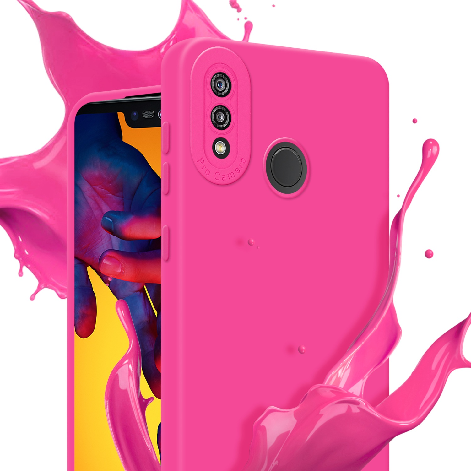 Custodia rosa per telefono con telefono. Schizzo di vernice rosa sullo sfondo. Il telefono ha un ritaglio per la fotocamera e un sensore di impronte digitali.