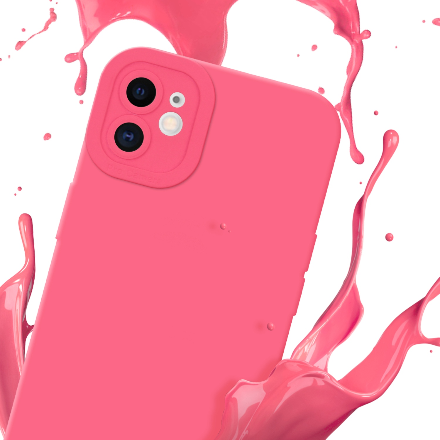 Custodia per telefono rosa con schizzi di vernice rosa su sfondo bianco.