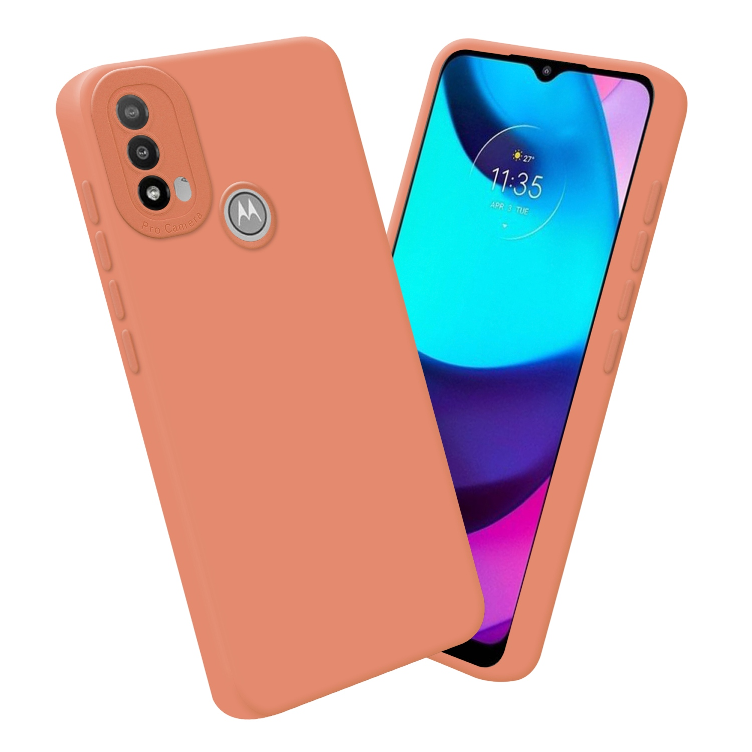 Una custodia arancione con uno schermo del telefono sullo sfondo.