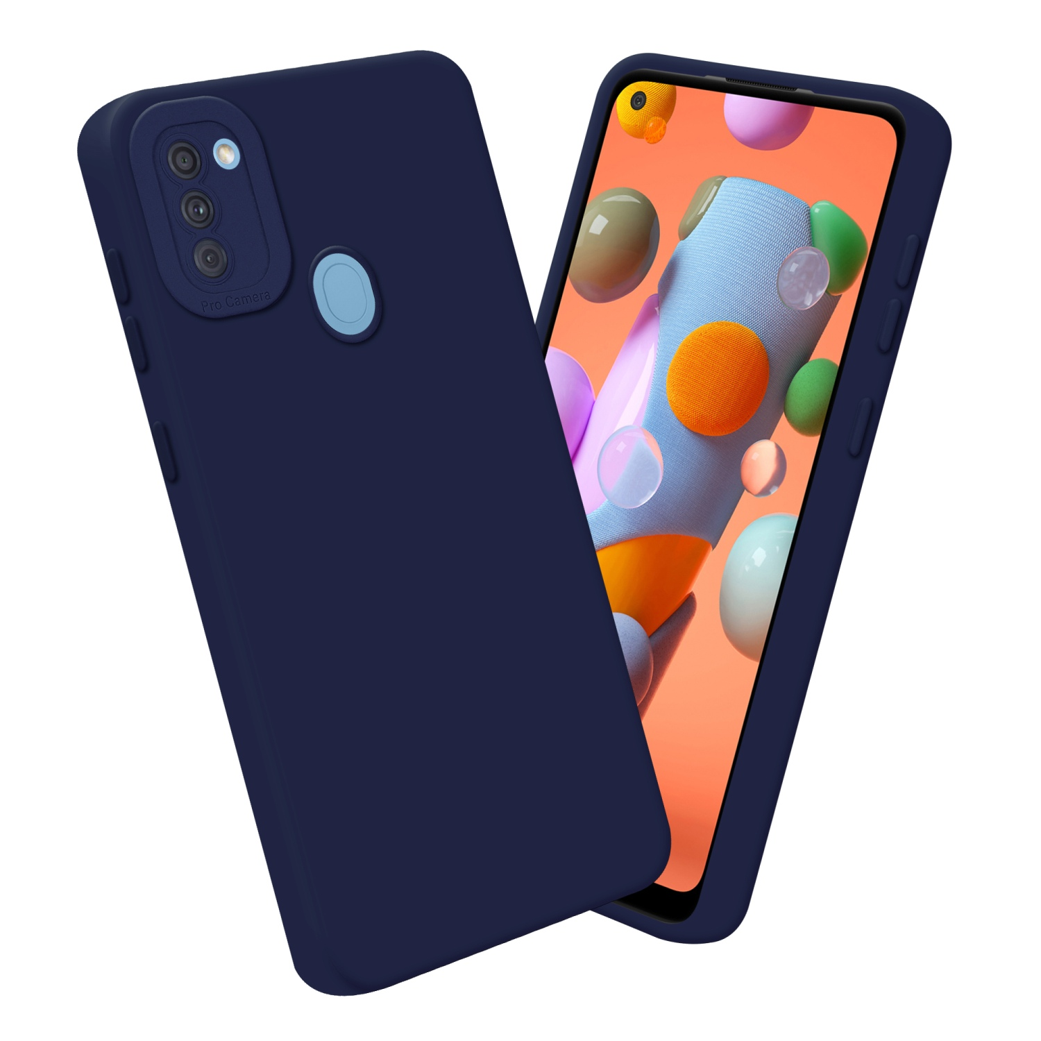 Custodie blu navy, una con schermo visibile. Sfondo bianco.