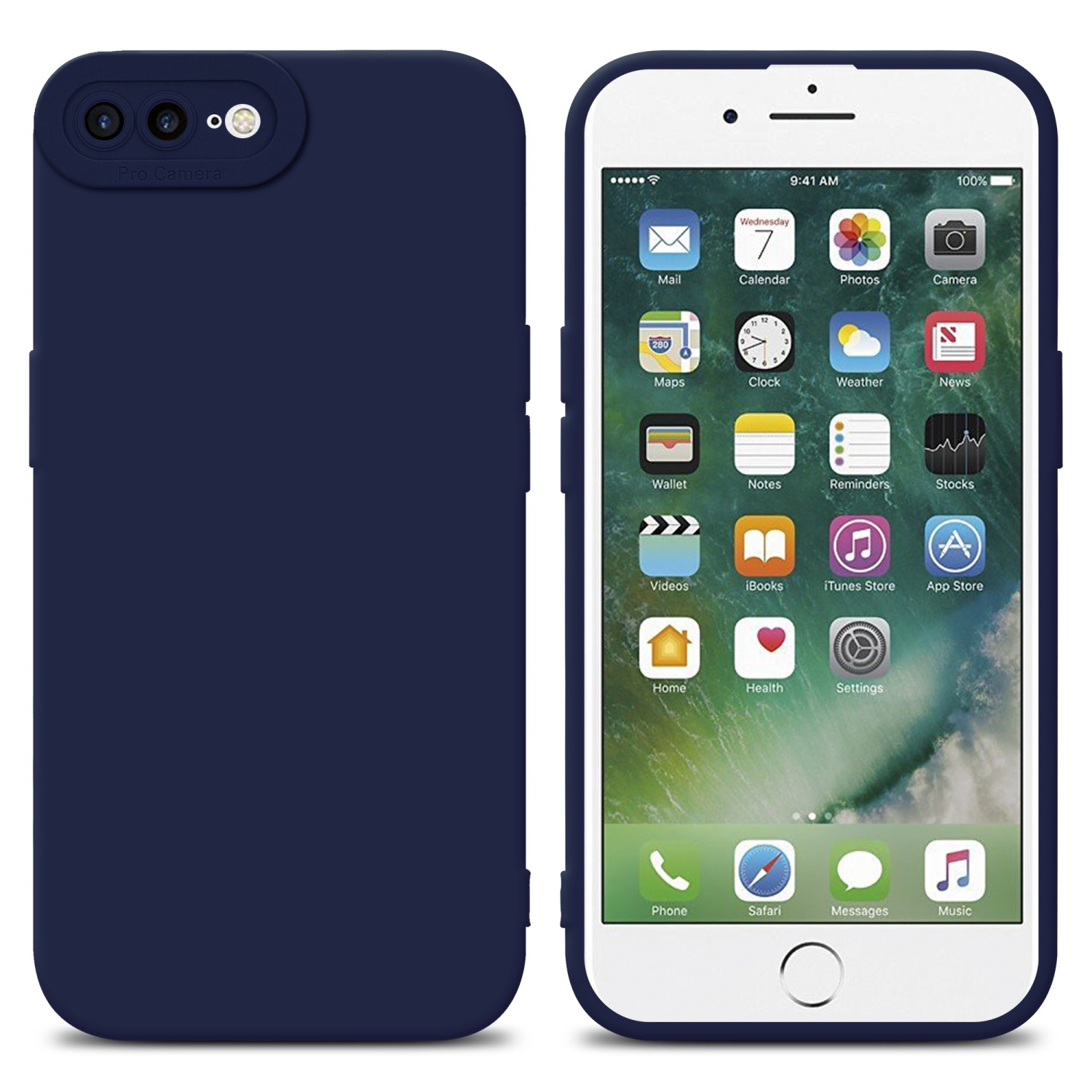 Una custodia blu a sinistra e un telefono con un'interfaccia a destra. Il telefono ha icone di app.