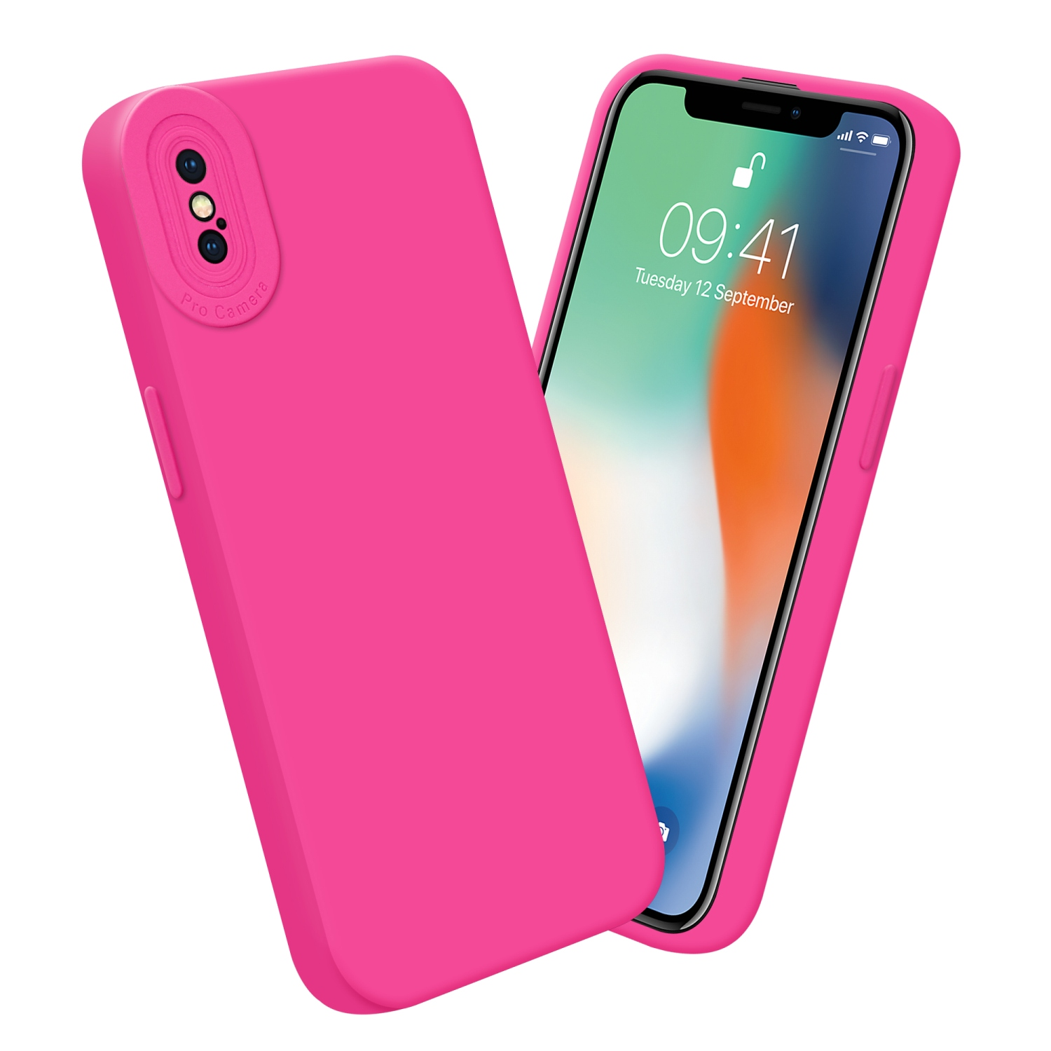 Custodia rosa con un telefono che mostra un'immagine. Fotocamera visibile. Lo schermo mostra ora e data.