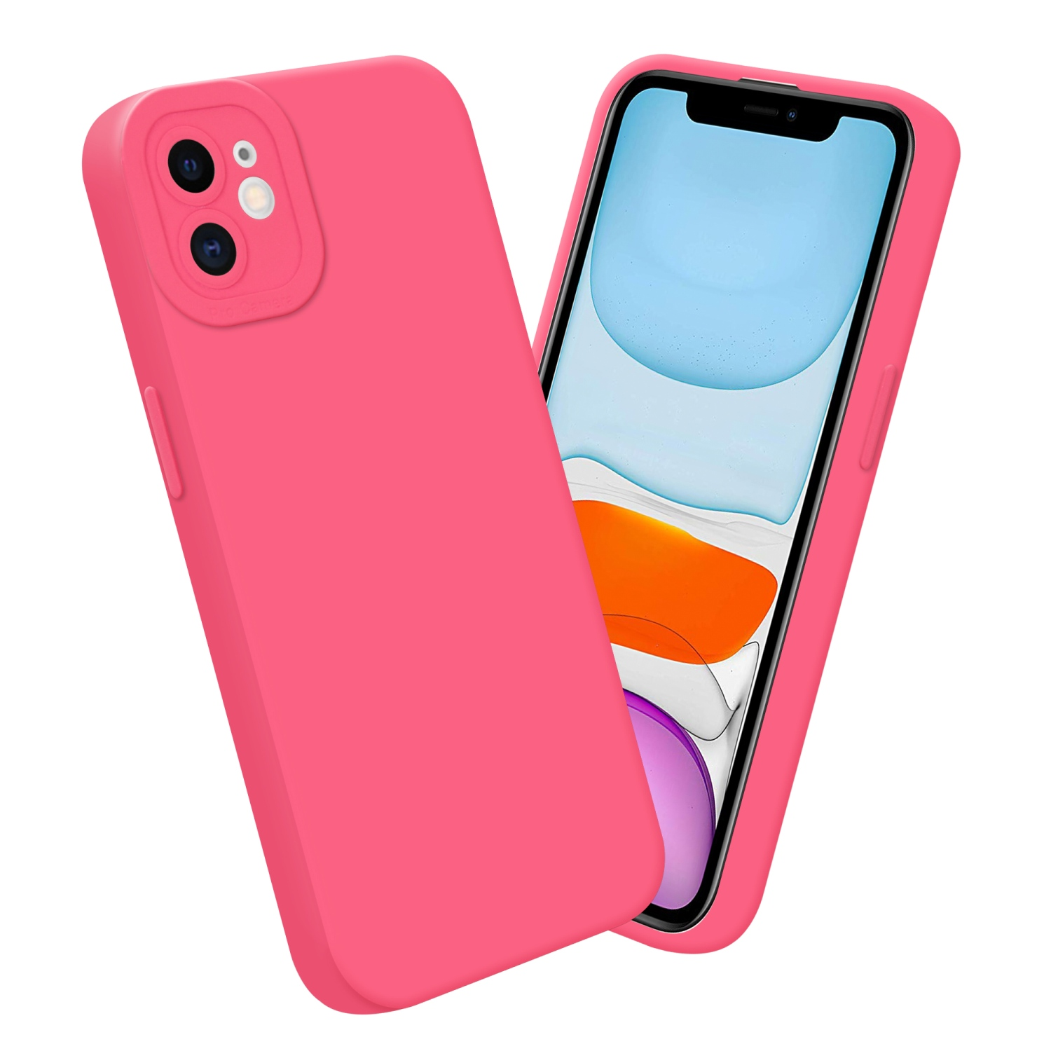 Custodia e telefono rosa, su sfondo bianco.