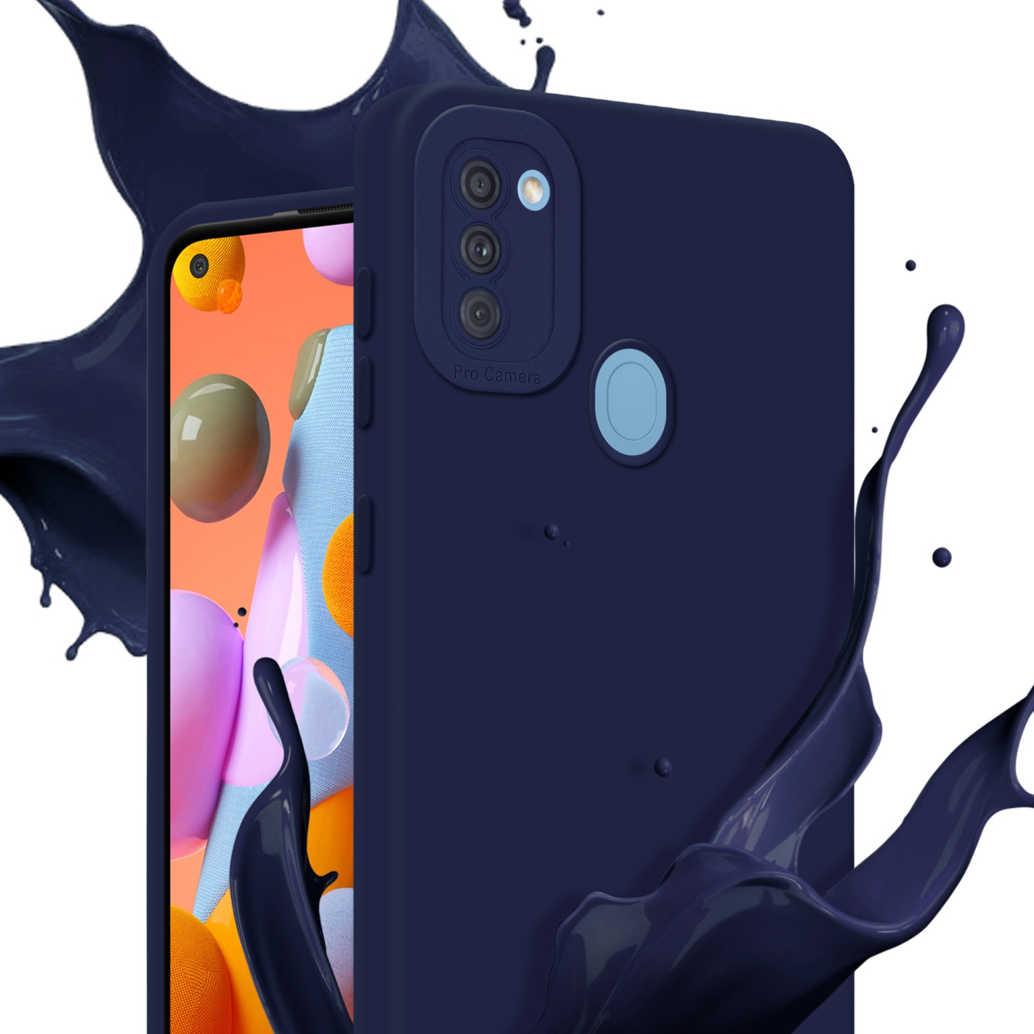 Custodia blu scuro con schizzo di liquido scuro. Schermo del telefono visibile.