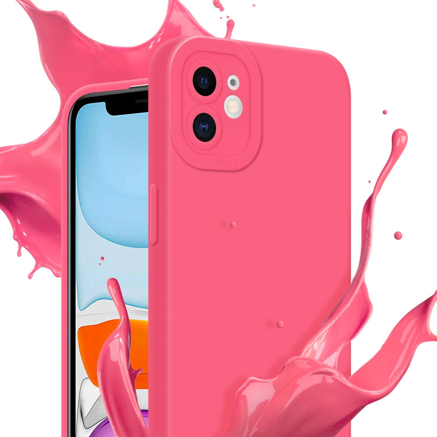 Un telefono rosa con custodia rosa e schizzi di liquido rosa. Lo schermo è blu.