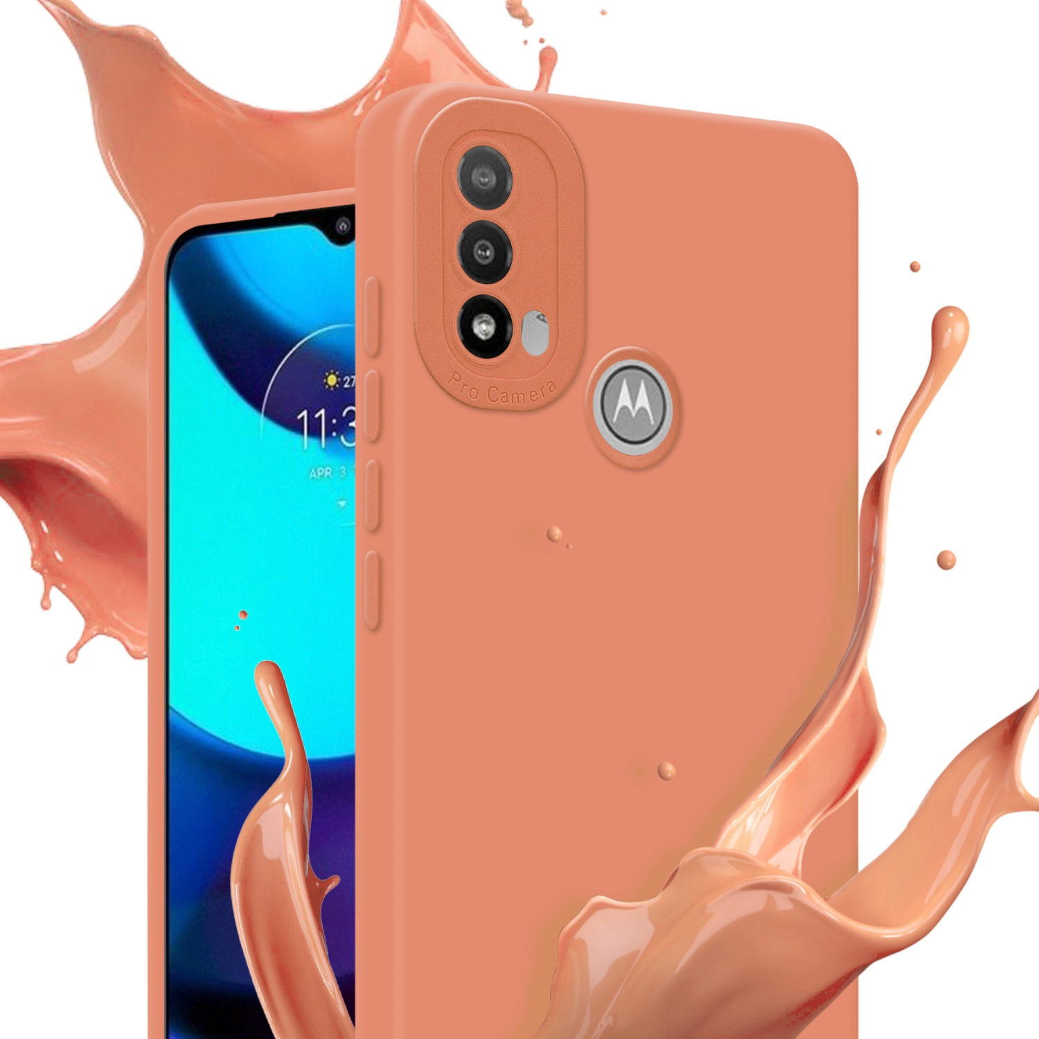 Custodia color pesca con spruzzi di liquido pesca e un telefono dentro.