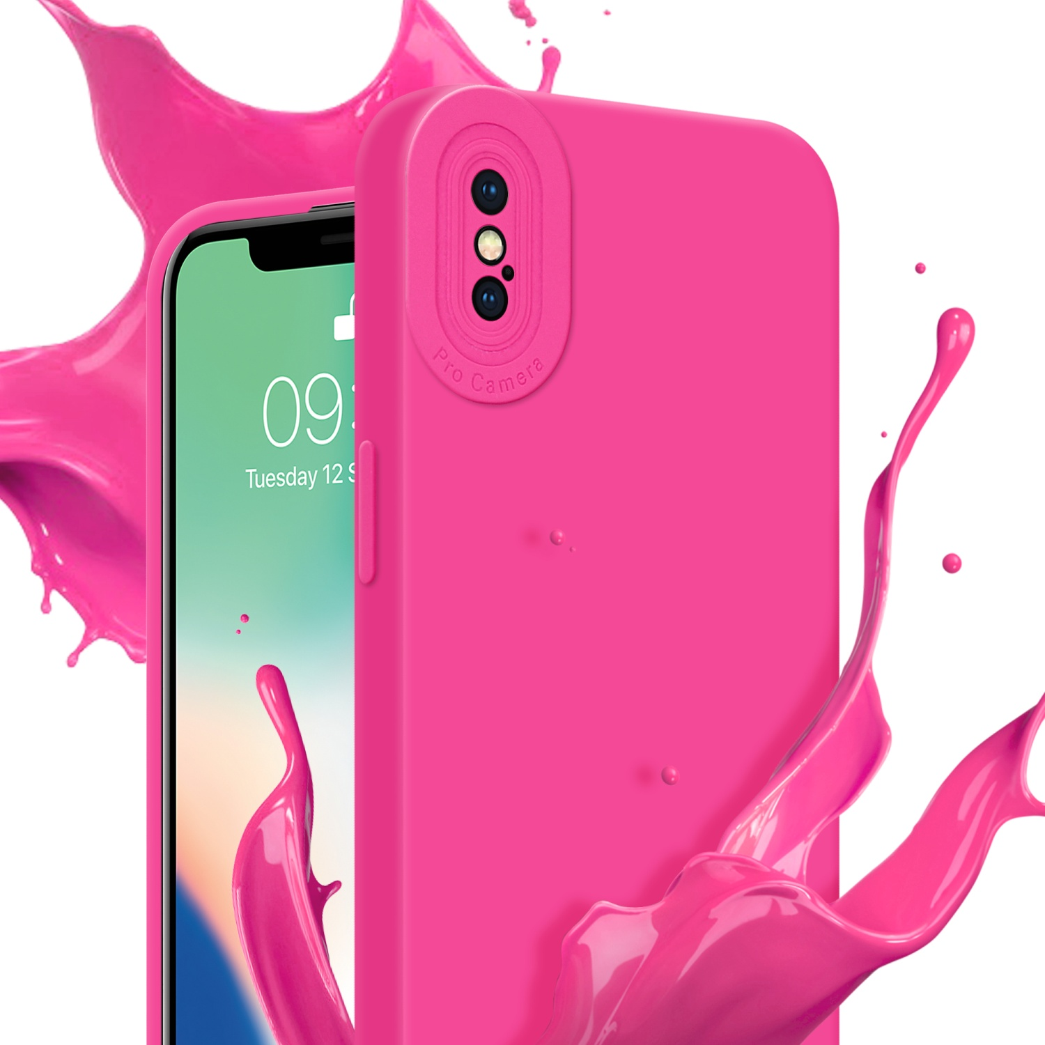 Custodia rosa per telefono con schermo, schizzo di vernice. Orario 09:00, martedì 12.