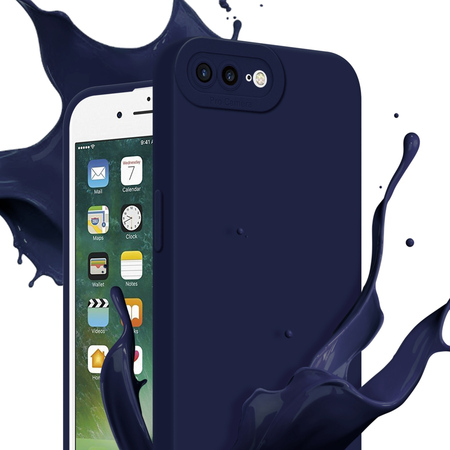 Custodia blu navy con display del telefono. Schizzi di vernice blu navy su sfondo bianco.