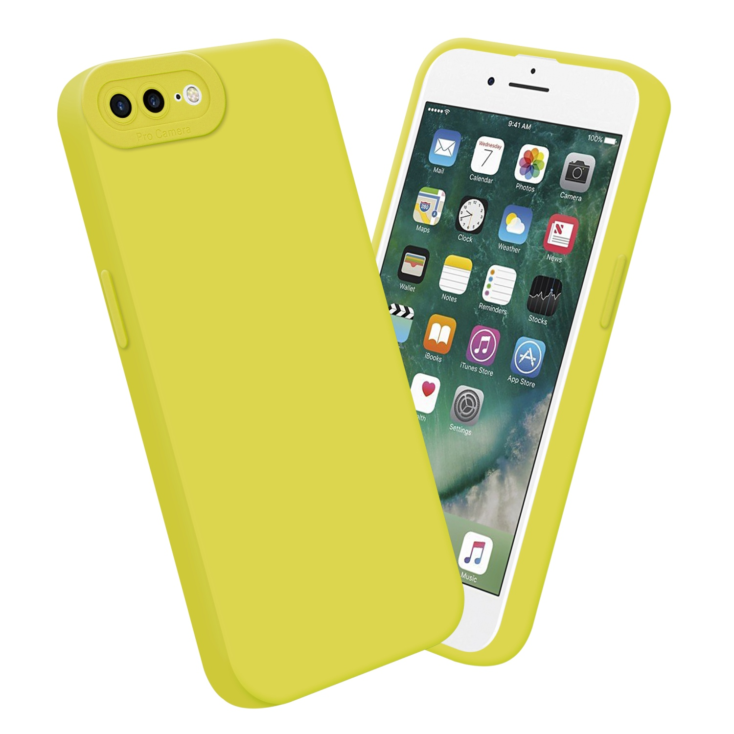 Due custodie gialle per telefono e un telefono. Il telefono visualizza app e l'ora.