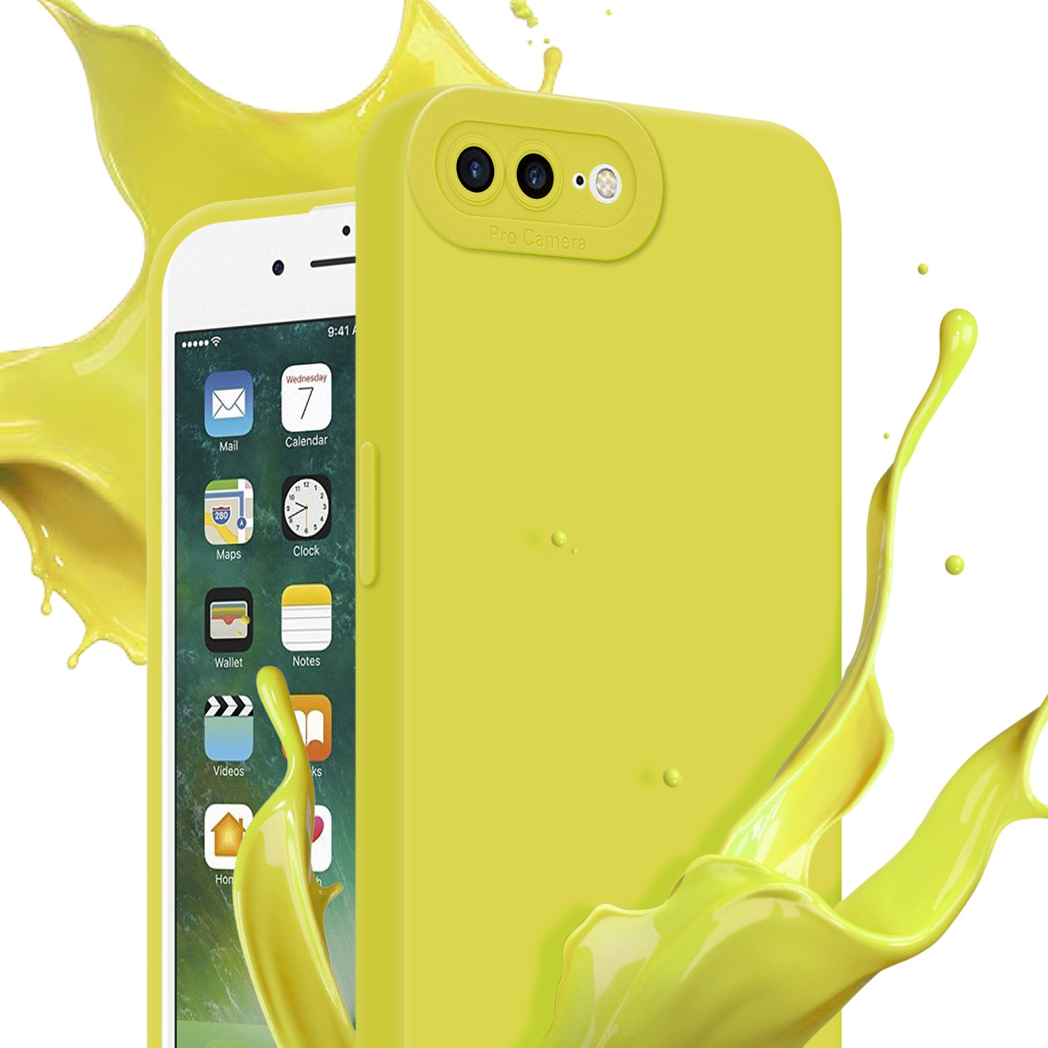 Telefono giallo con spruzzo di vernice gialla. Il telefono è in una custodia gialla. Ritaglio fotocamera.