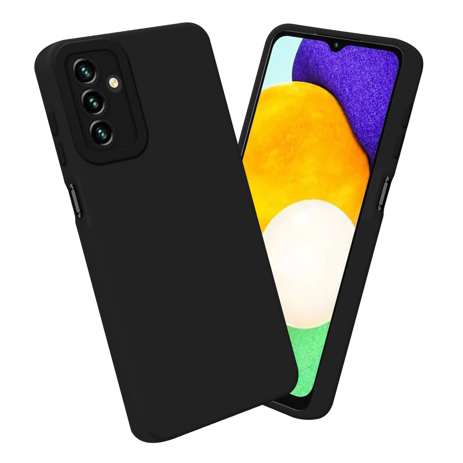 Custodia nera con fotocamera a 3 lenti e telefono nero con display giallo e viola.