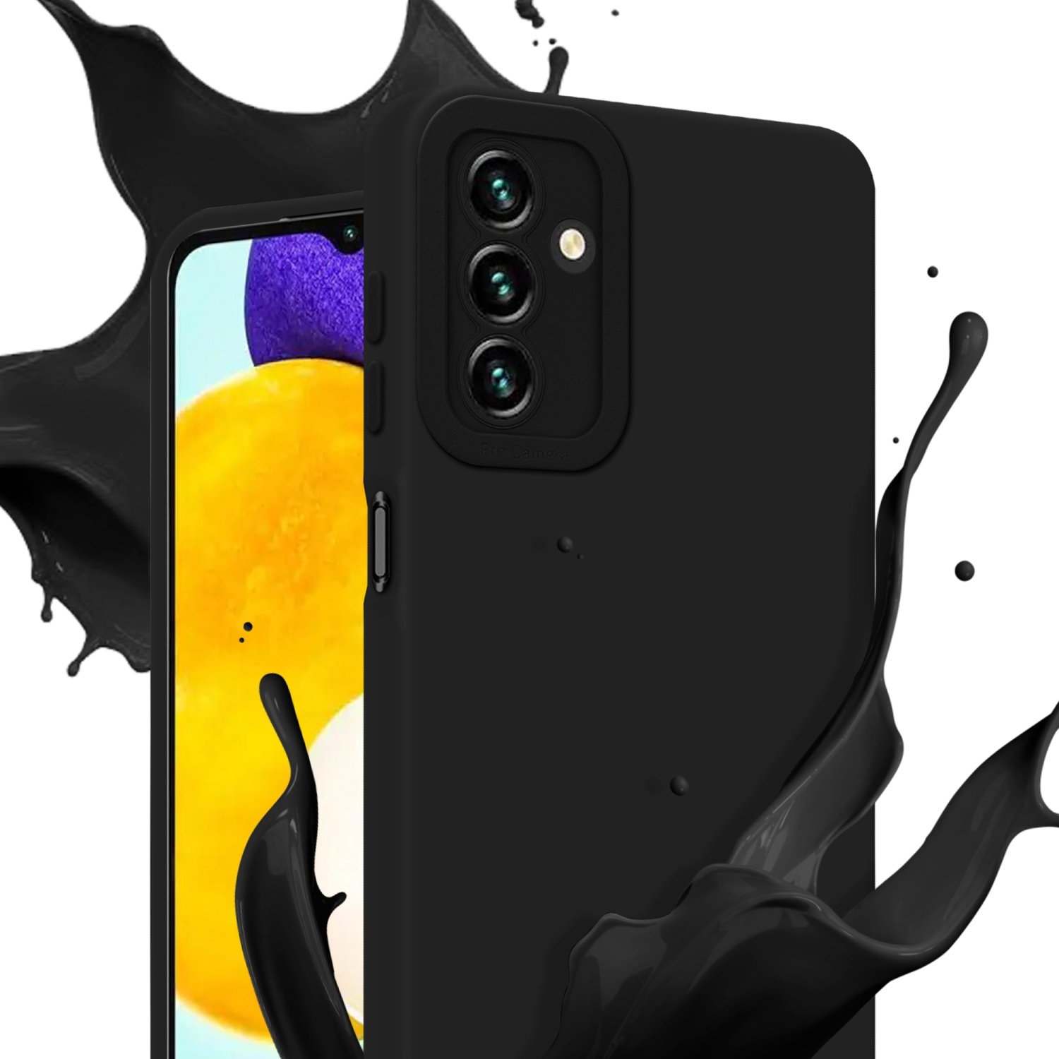 Custodia nera per telefono con tripla fotocamera, circondata da schizzi di liquido nero. Lo sfondo è giallo.