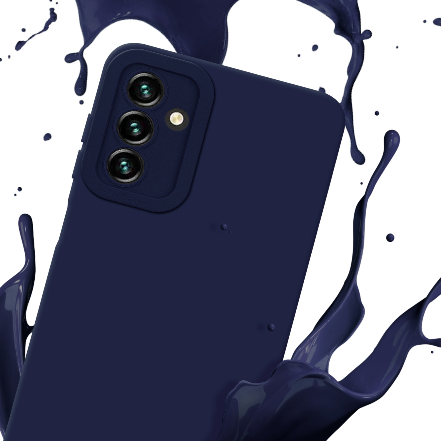 Una custodia blu navy con vernice blu navy che schizza intorno.