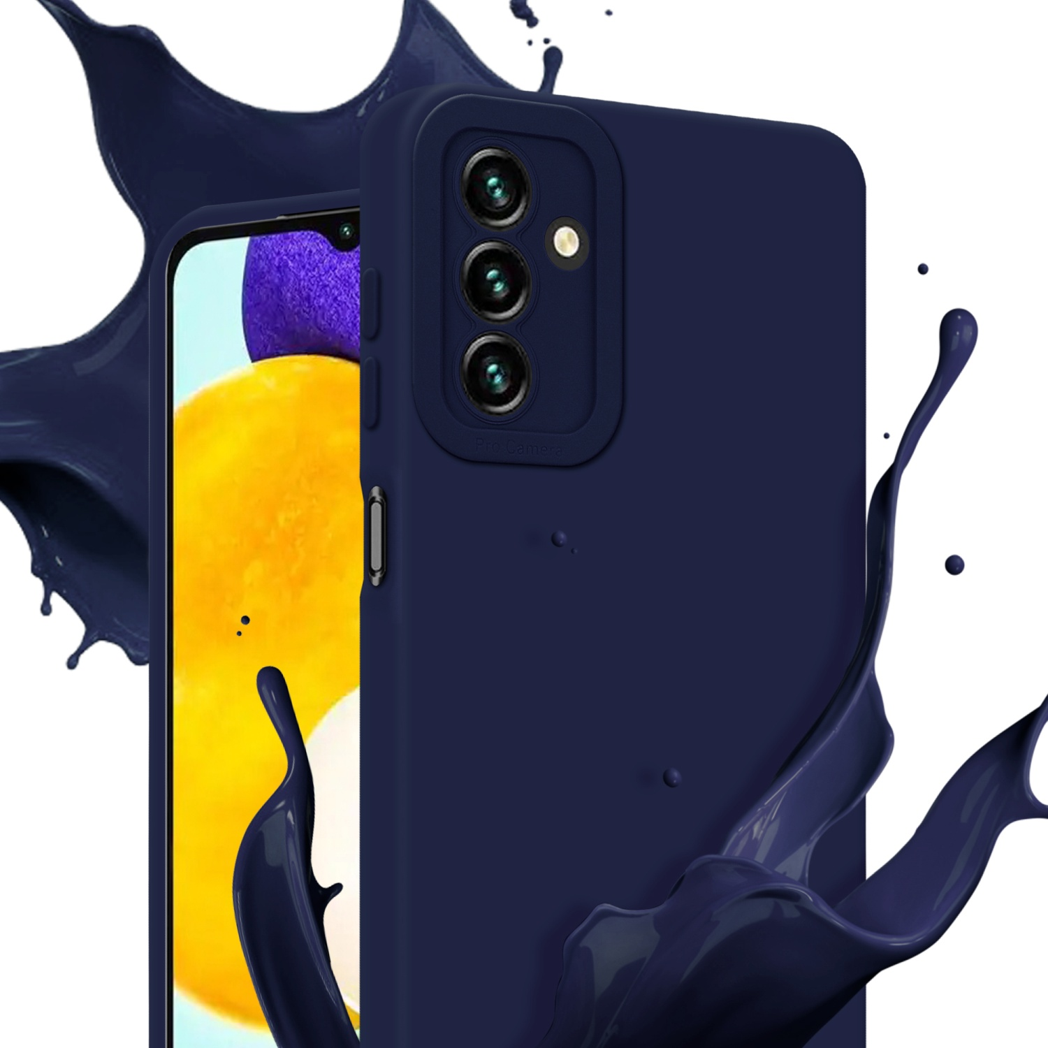 Una custodia blu navy con un telefono che mostra uno splash artistico giallo e blu navy sfocato.