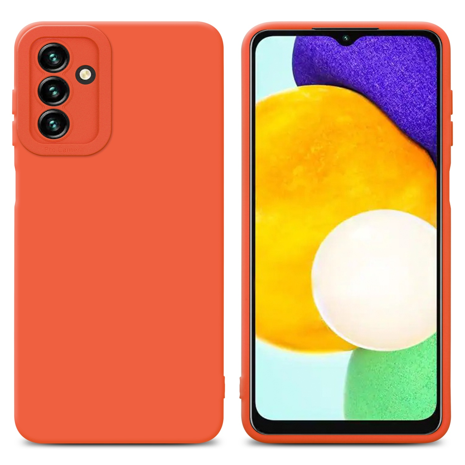 Custodia arancione e telefono. Il telefono ha schermo bianco e fotocamera. Custodia arancione a sinistra.