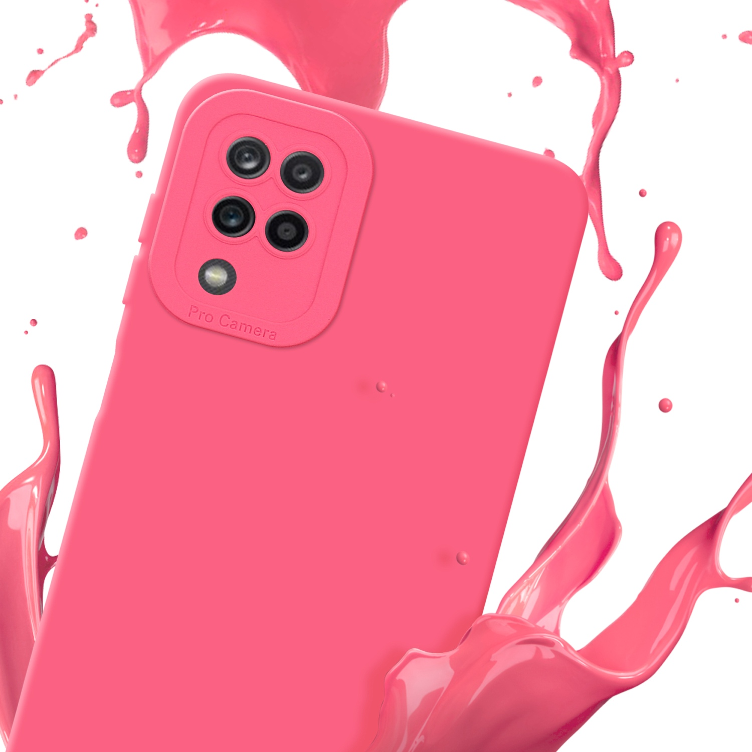 Una custodia per telefono rosa con schizzi di vernice. La custodia ha una funzione fotocamera professionale sullo sfondo.