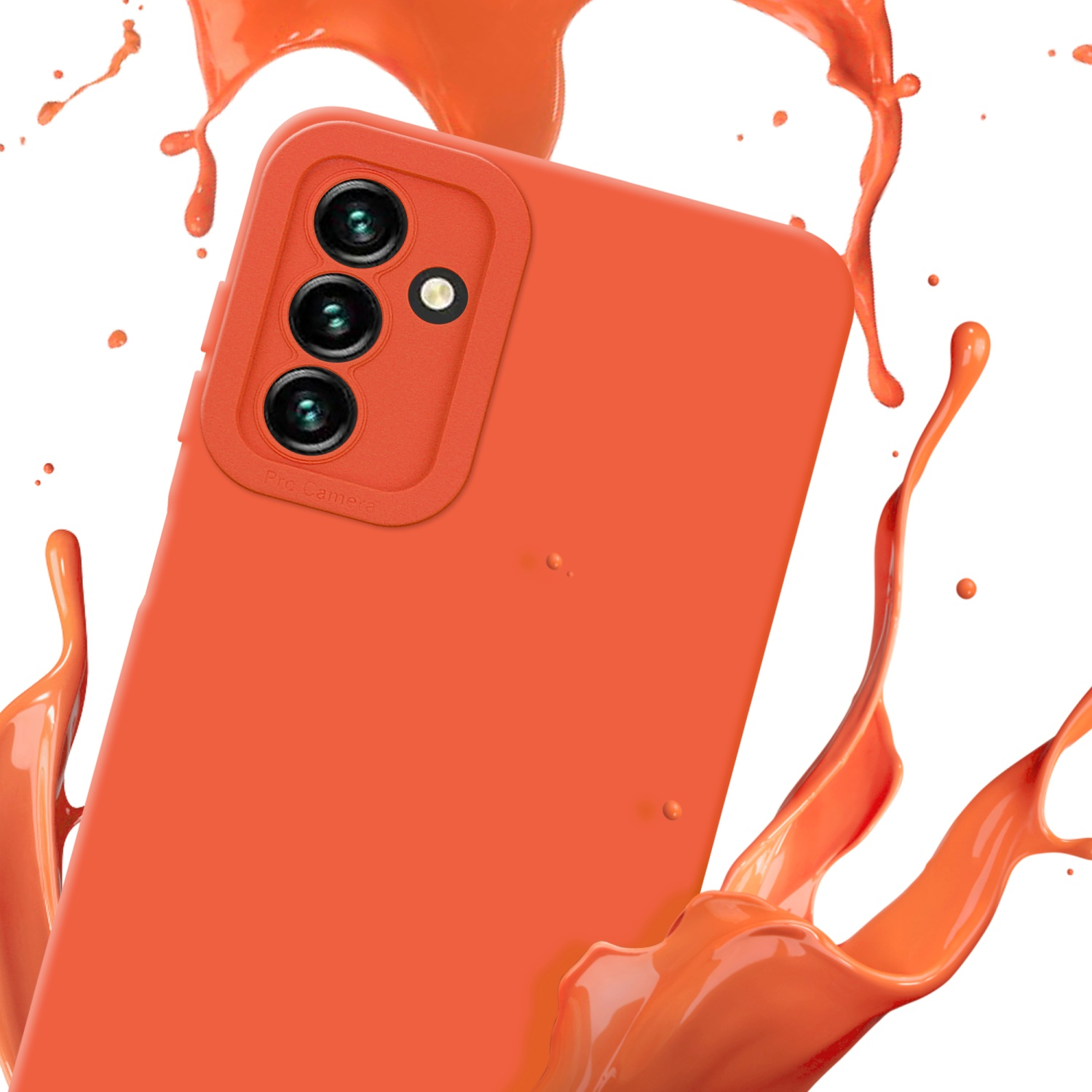 Custodia arancione, spruzzo di vernice. Effetto spruzzo di vernice arancione sullo sfondo.