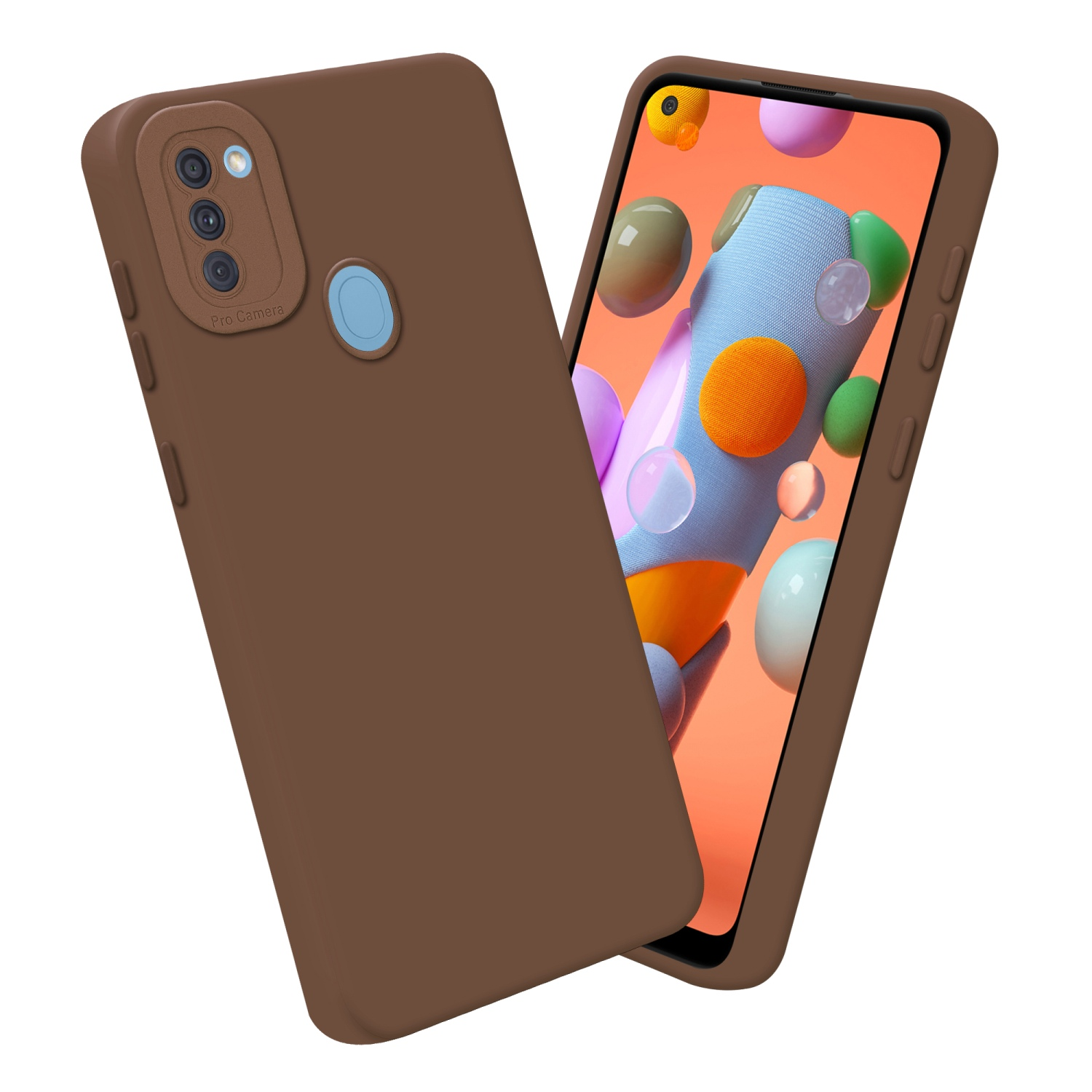 Custodia per telefono marrone con schermo che mostra un design colorato. La custodia ha un rilievo.