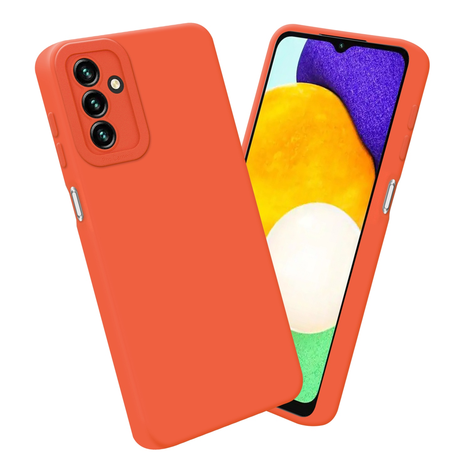 Custodia arancione accanto a un telefono con sfondo colorato e sfocato.