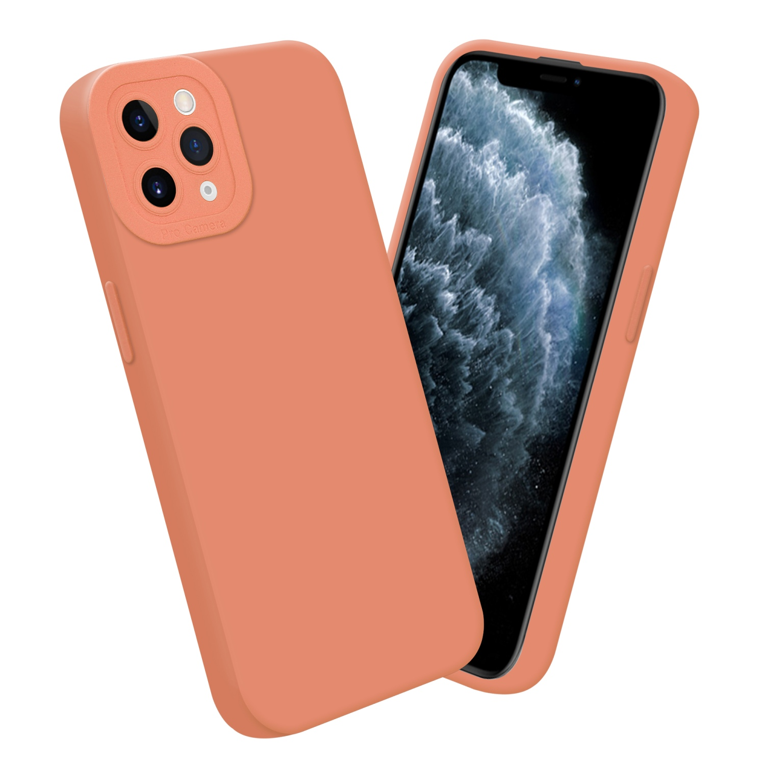 Due custodie per telefono color pesca, una su un telefono con schermo, sono posizionate su una superficie bianca.