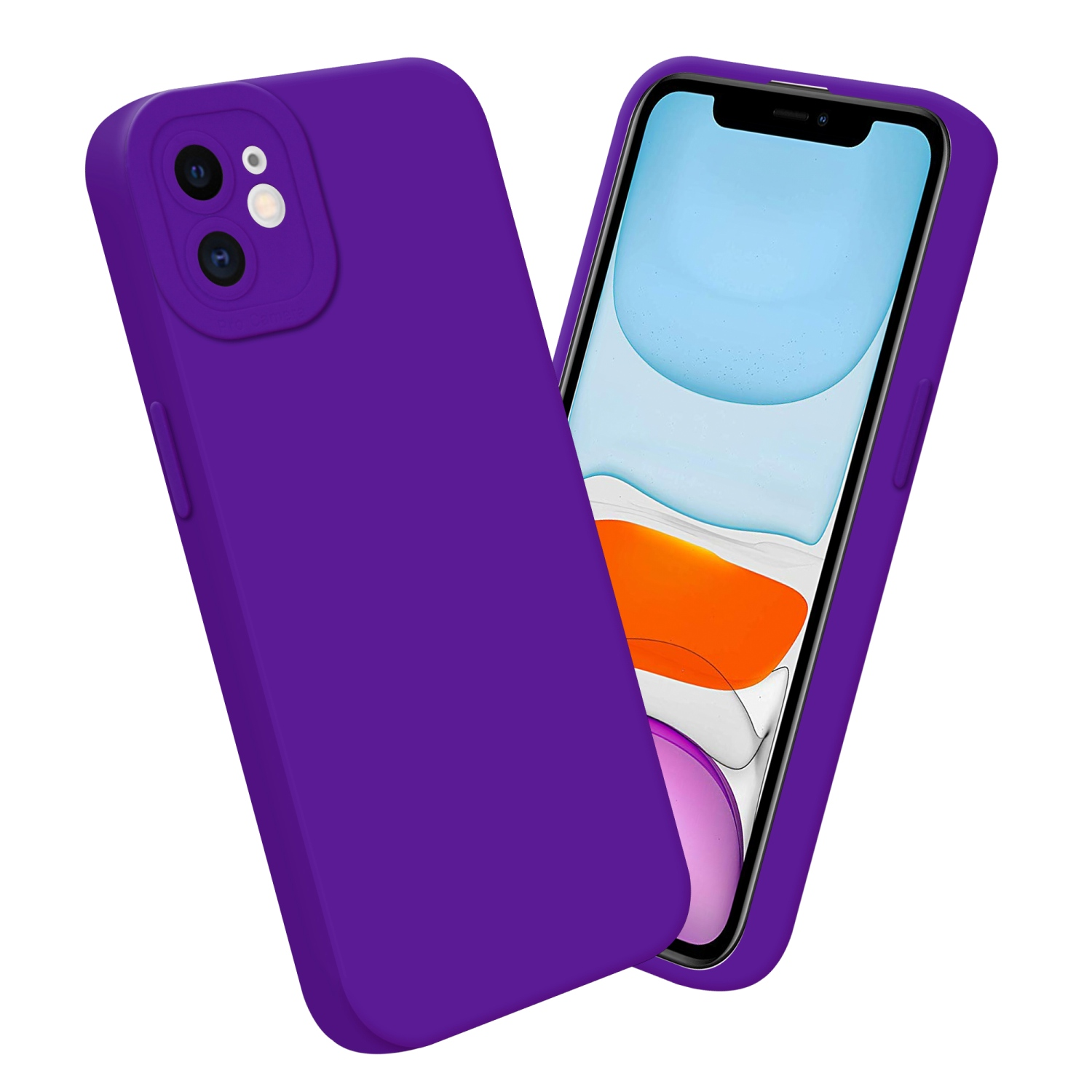 Telefono e custodia viola. Il telefono è all'interno della custodia. Sfondo bianco.
