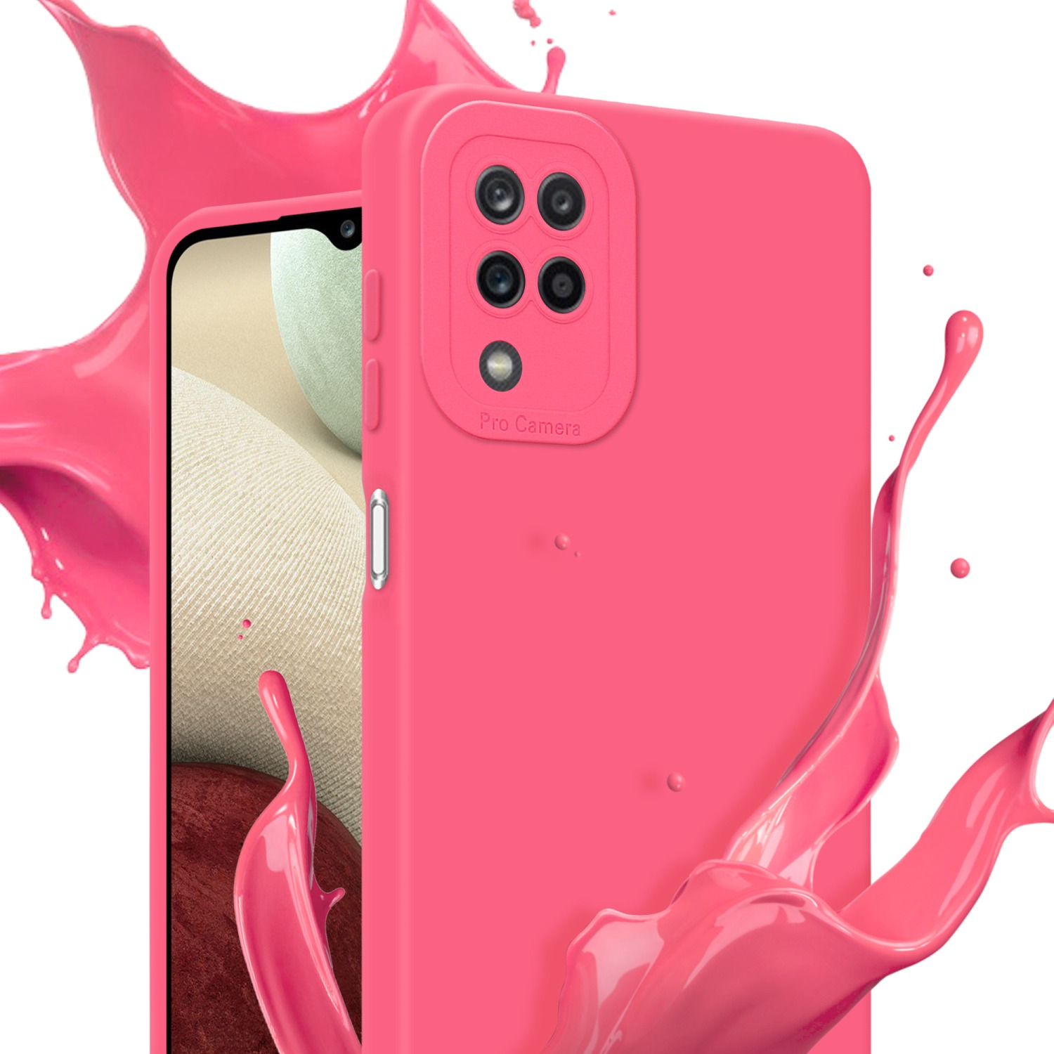 Custodia rosa per telefono con effetto splash. La custodia ha un rigonfiamento per la fotocamera e uno schermo.