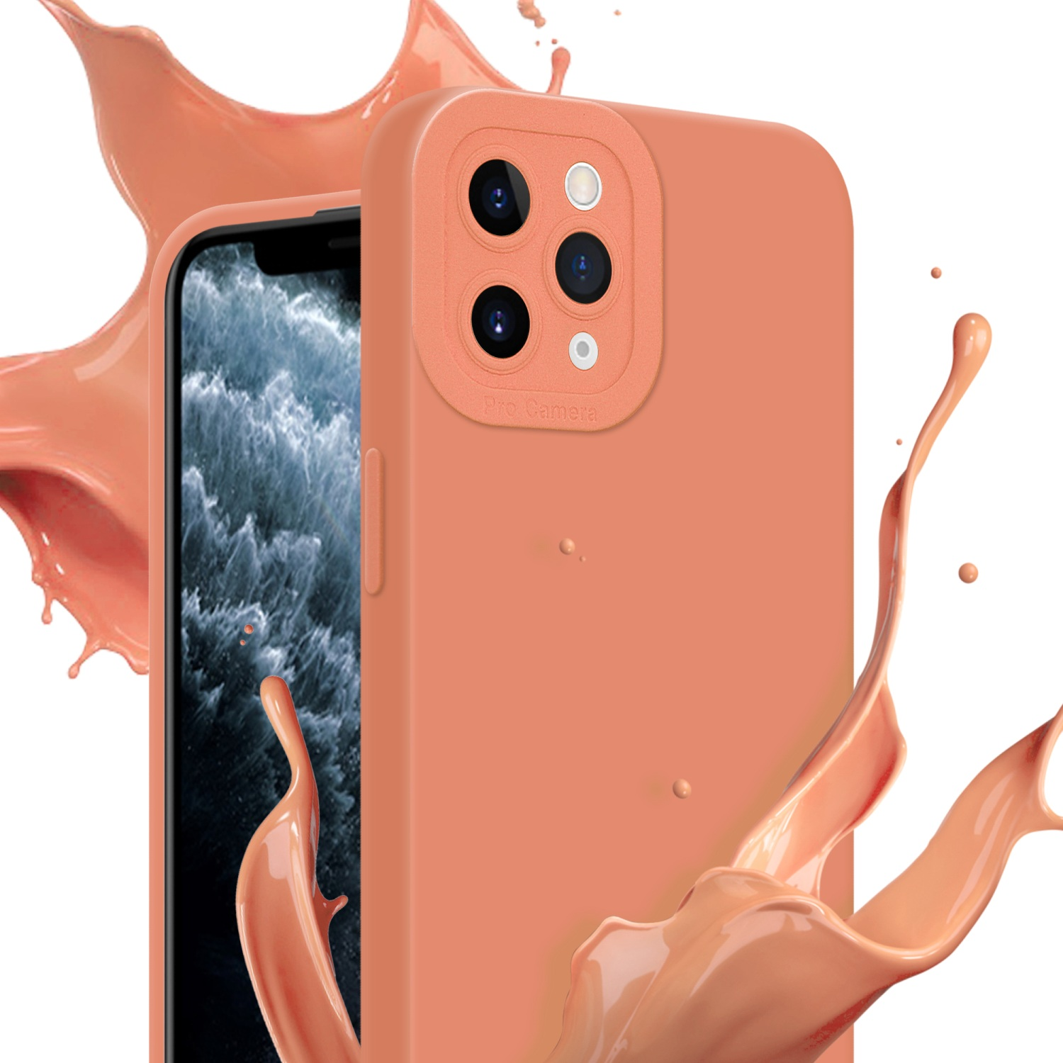 Custodia per telefono color pesca con schizzi di liquido, con un telefono all'interno. Dettagli fotocamera Pro visibili.
