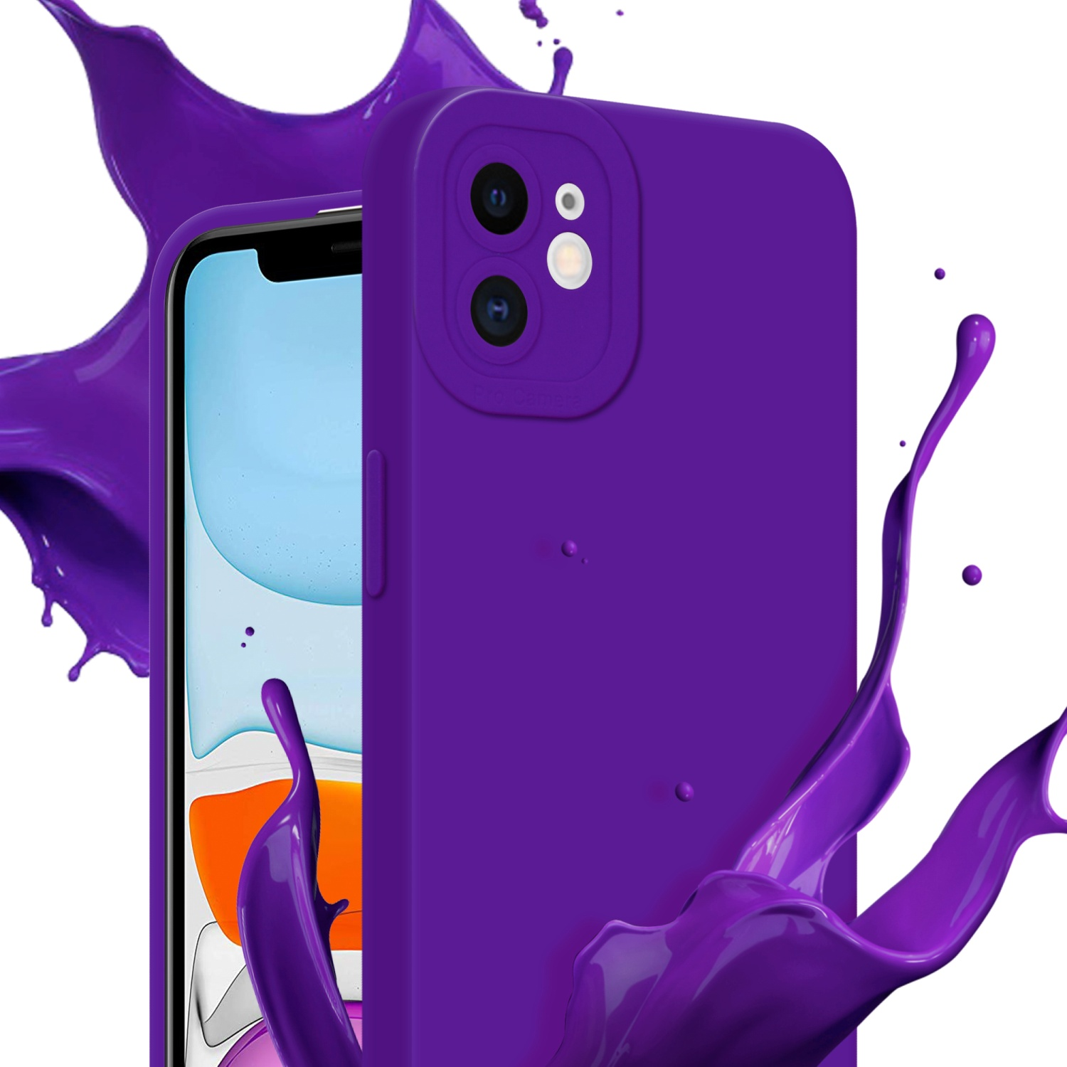 Custodia viola con telefono all'interno, spruzzi di vernice viola. Sfondo bianco.