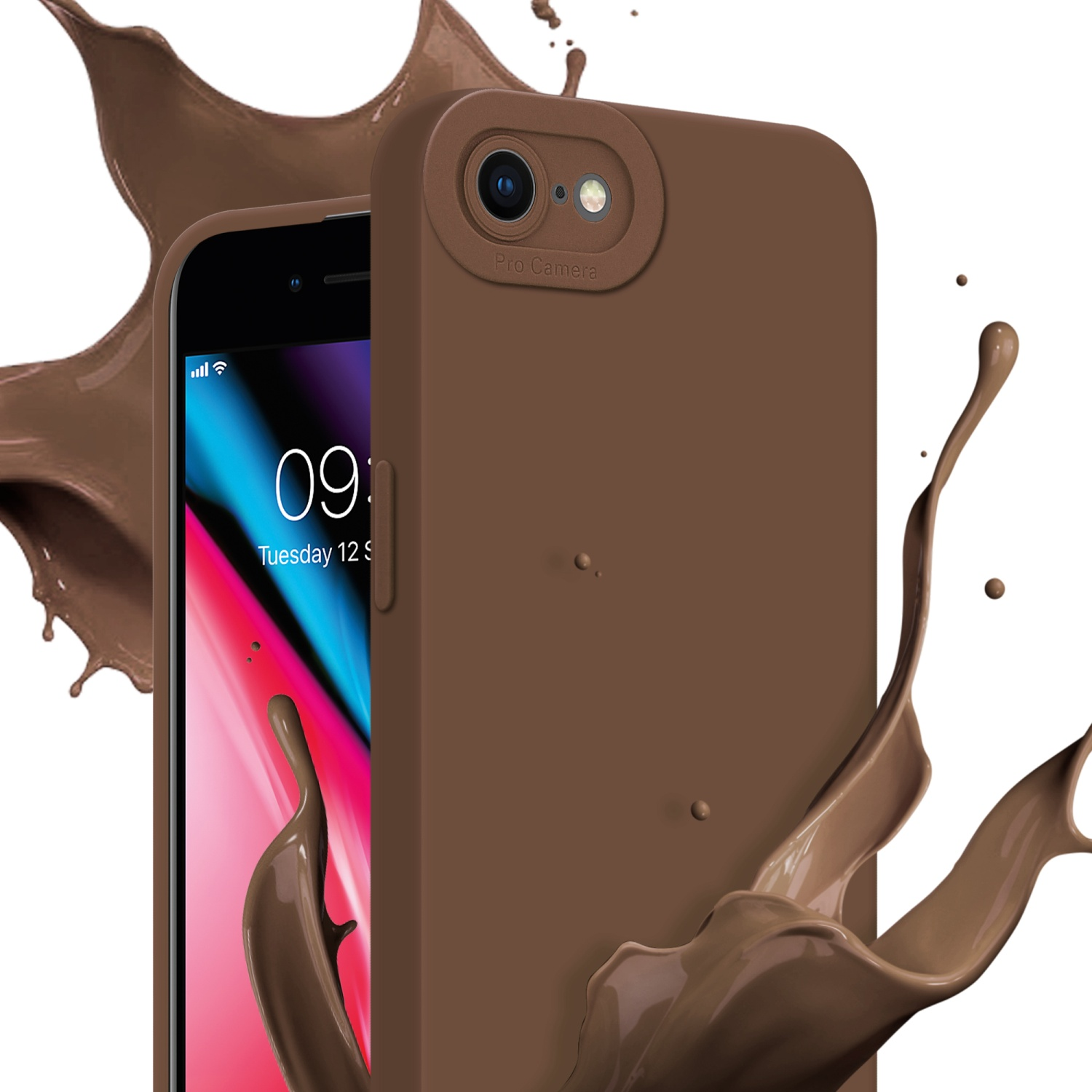 Una custodia marrone con un telefono all'interno è cosparsa di liquido marrone. Il telefono mostra un'interfaccia.