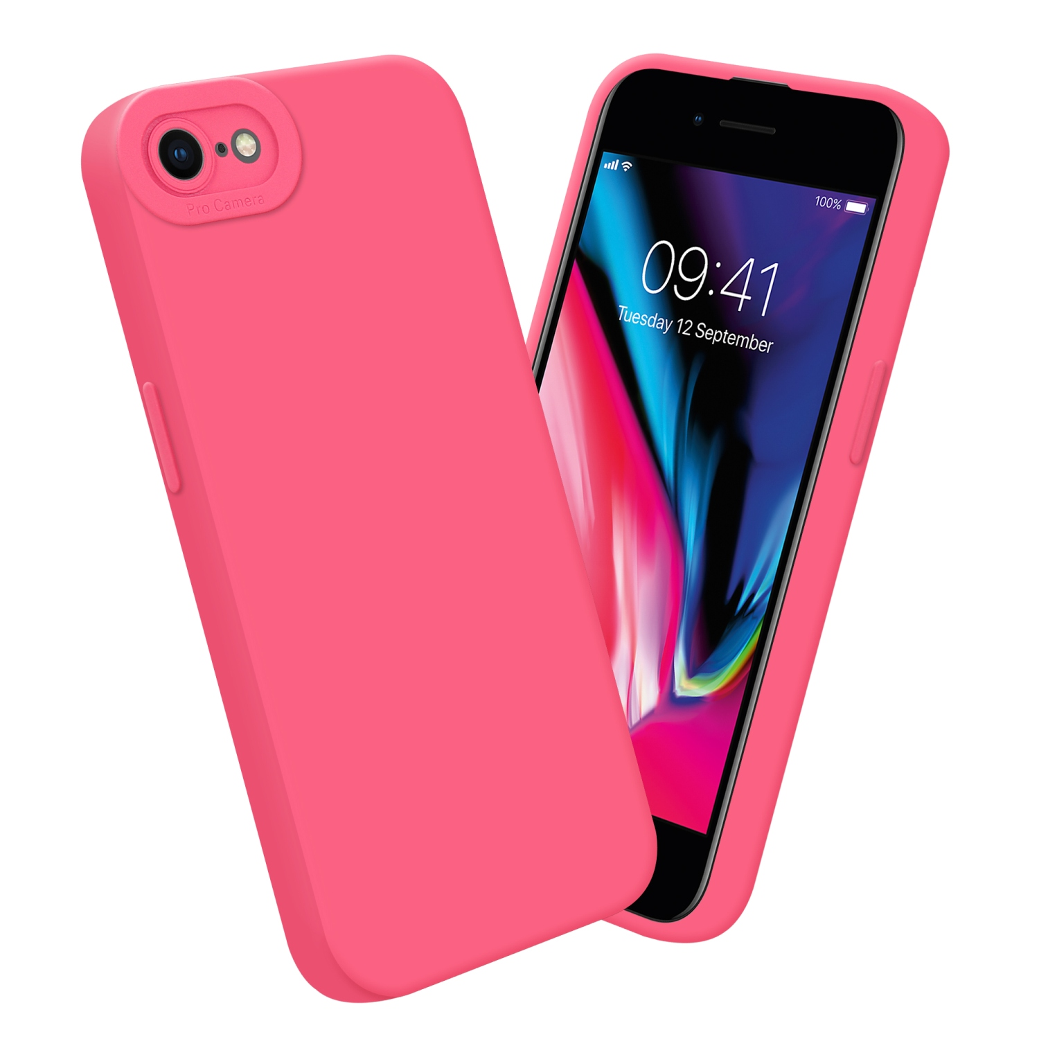 Una custodia per telefono rosa con un rigonfiamento della fotocamera ed effetto spruzzo di vernice rosa su sfondo bianco.