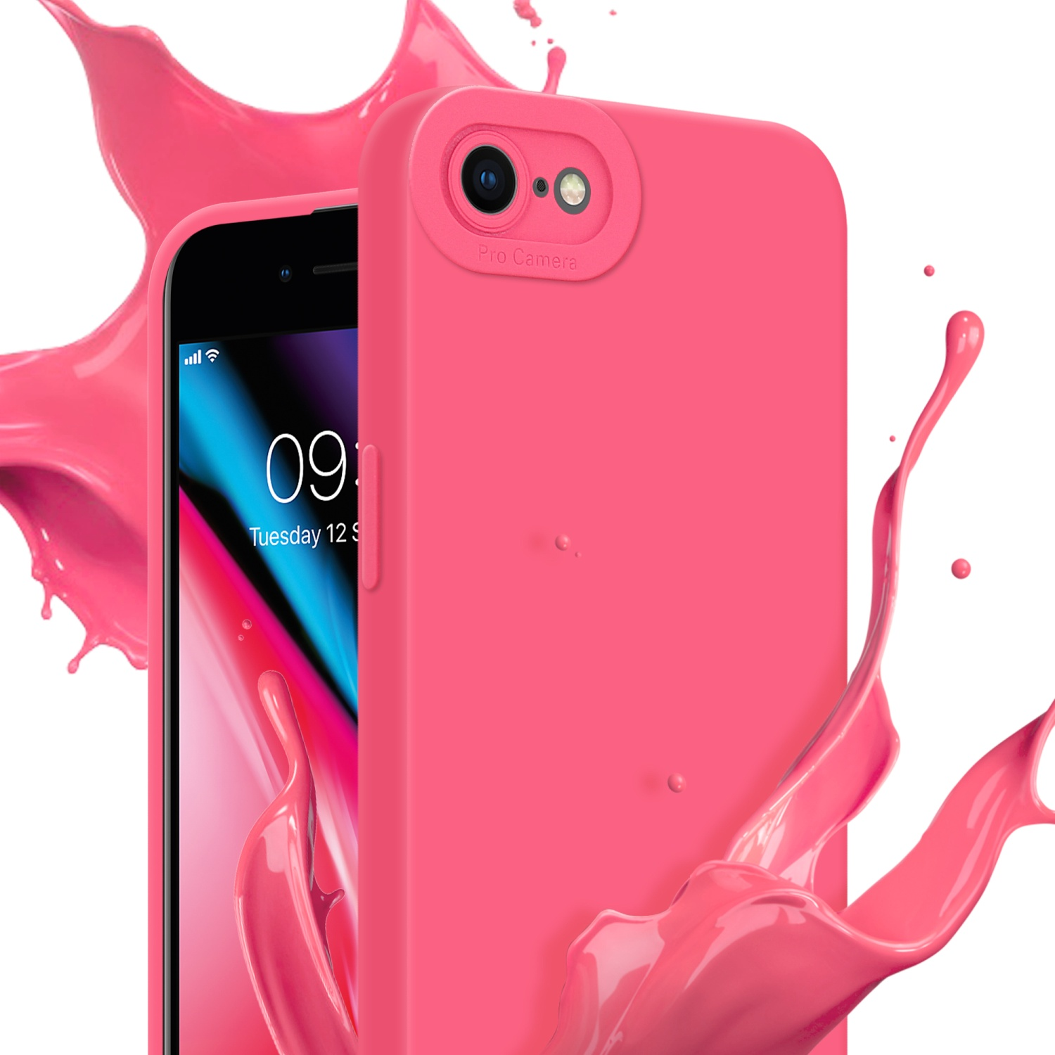 Telefono e custodia rosa. Lo schermo del telefono mostra le 09:00. Spruzzo di vernice rosa a destra.