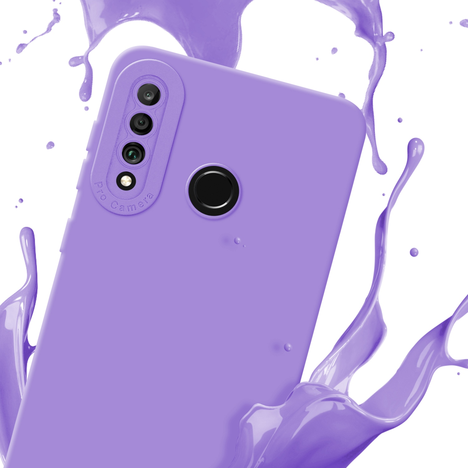 Custodia viola con fotocamera, effetto splash su sfondo bianco.