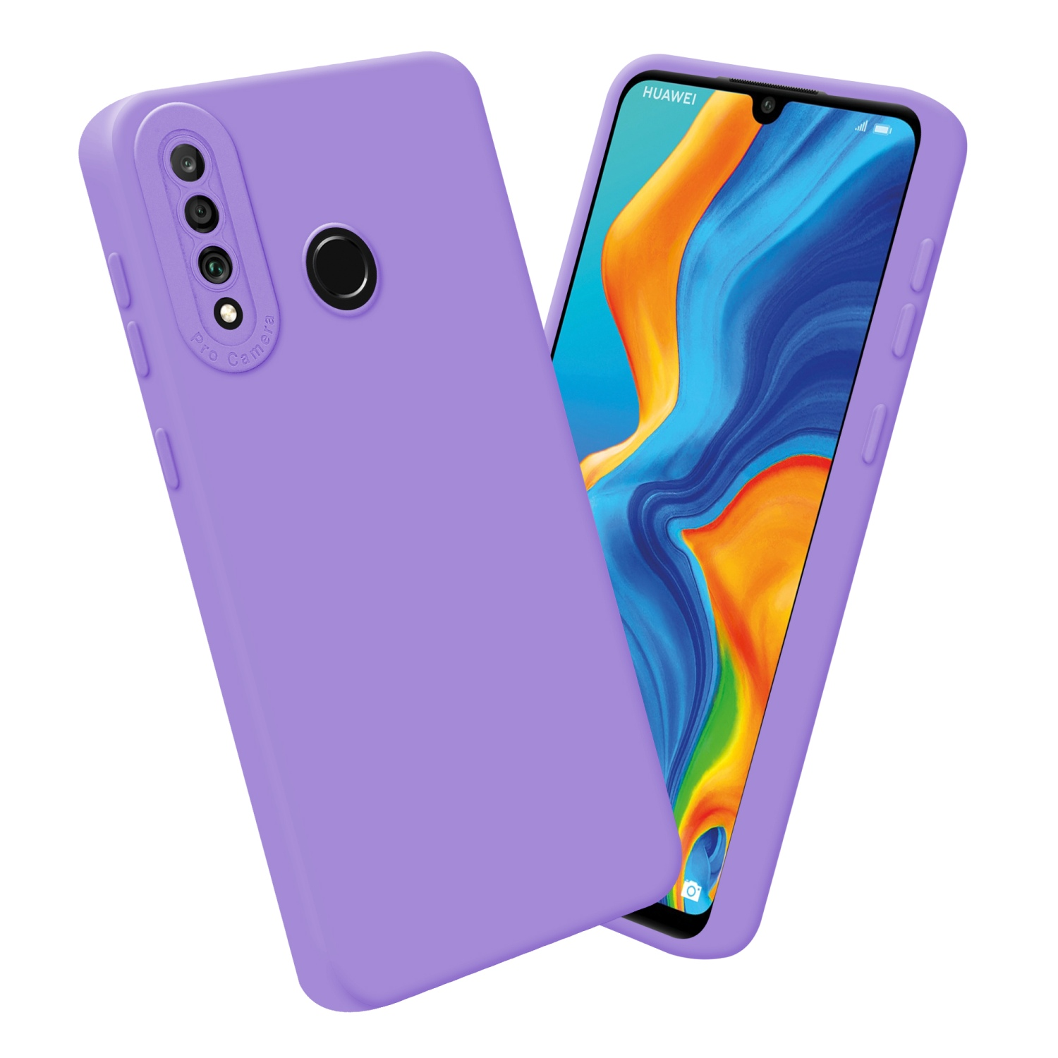 Una custodia e un telefono lavanda. Lo schermo del telefono mostra un'immagine blu e viola.