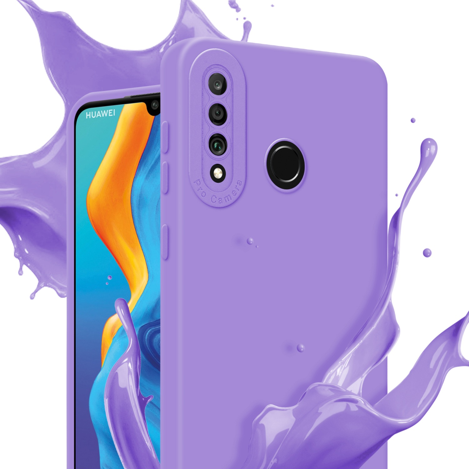 Un telefono viola con custodia viola e schizzi di liquido viola. Schermo blu.