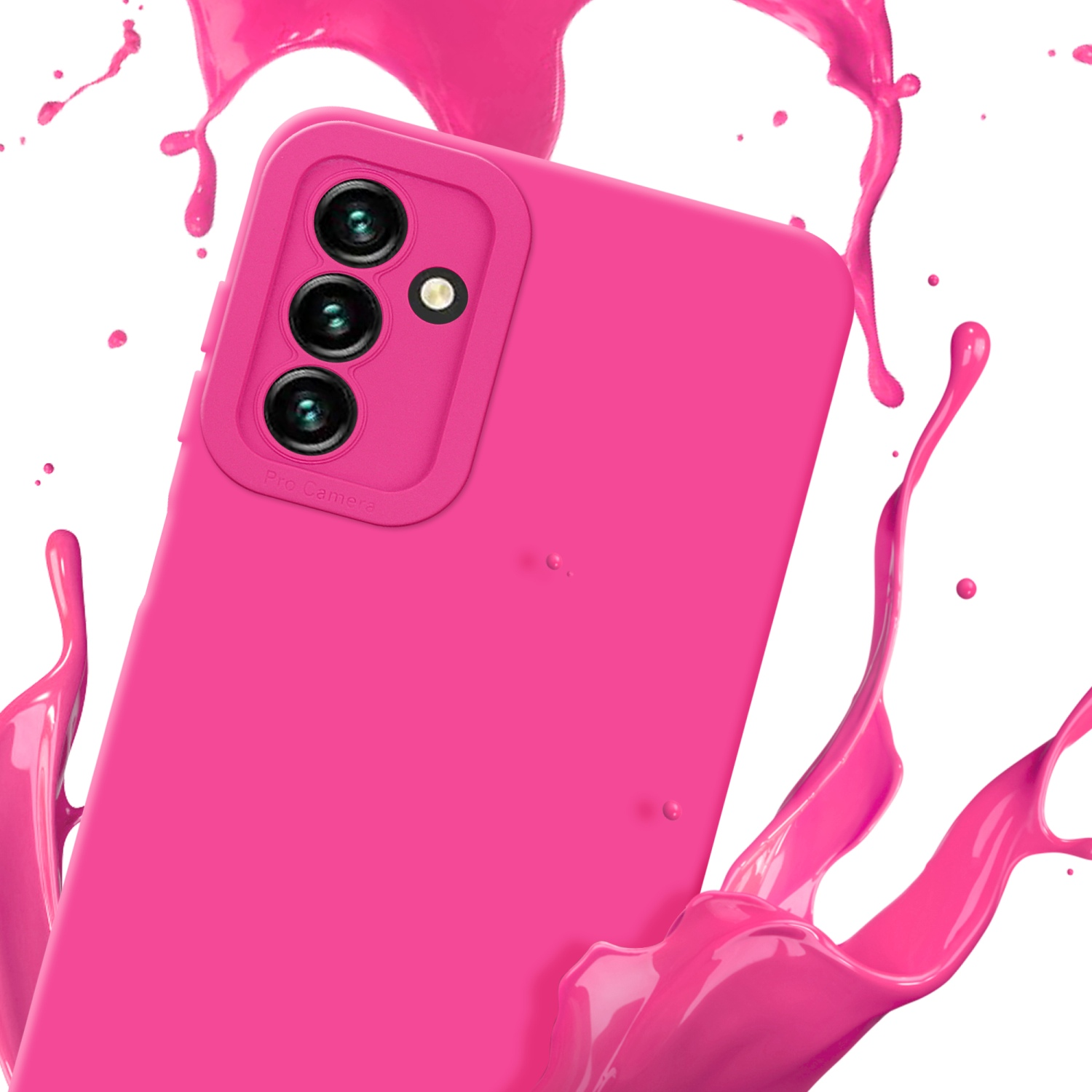 Una custodia rosa con schizzi di vernice rosa. La custodia ha 3 fotocamere e la scritta Pro Camera.