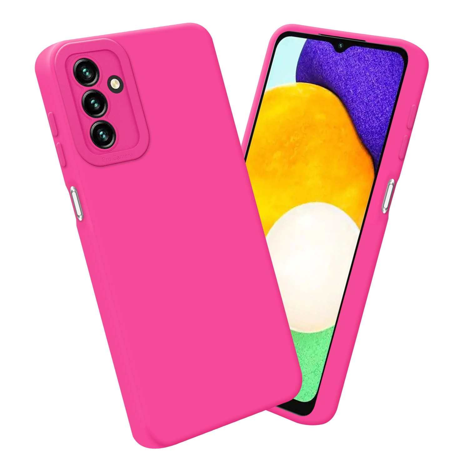 Custodia rosa. Telefono con sfondo arancione e bianco.