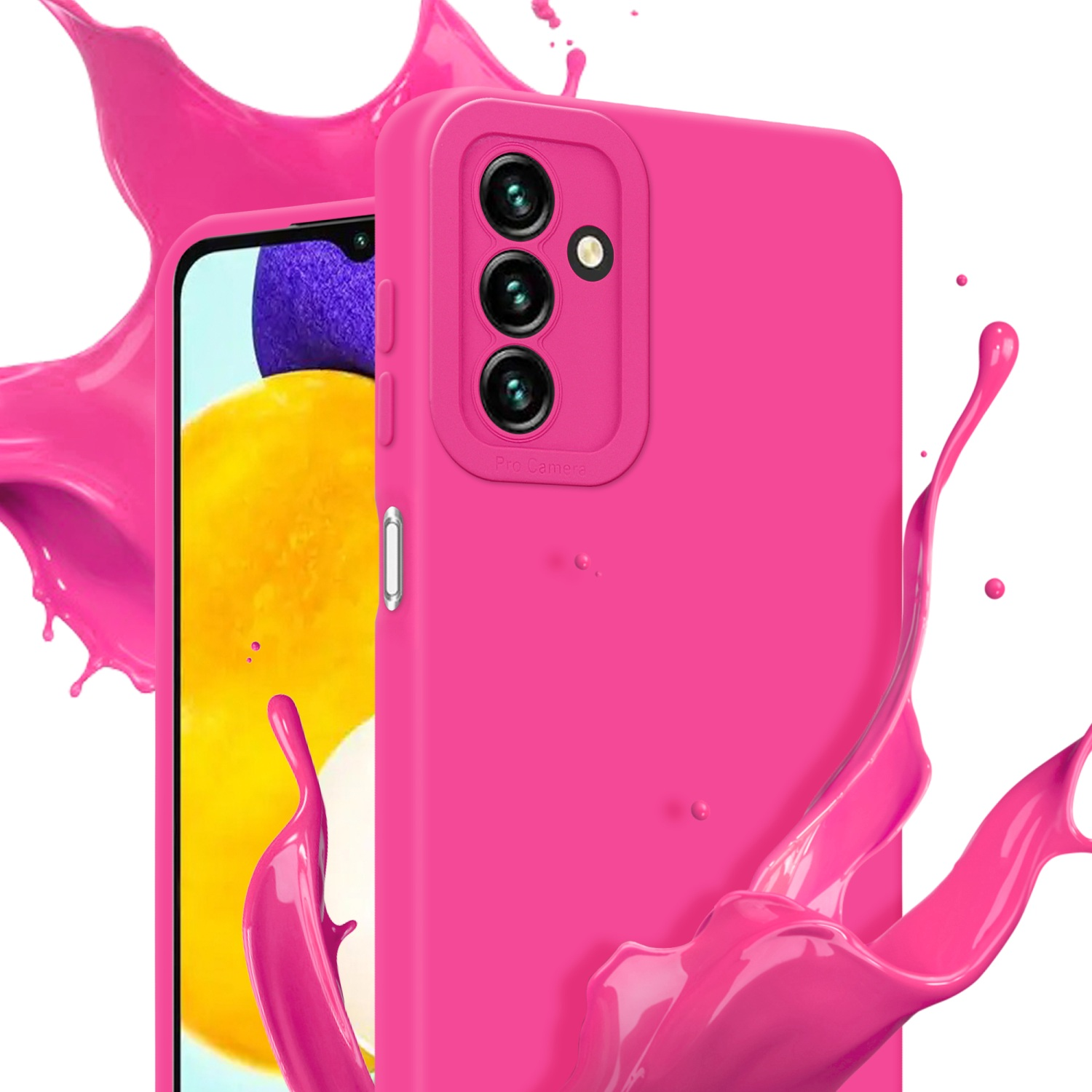 Custodia rosa con tripla fotocamera, schizzi di liquido rosa. Lo schermo del telefono è visibile.