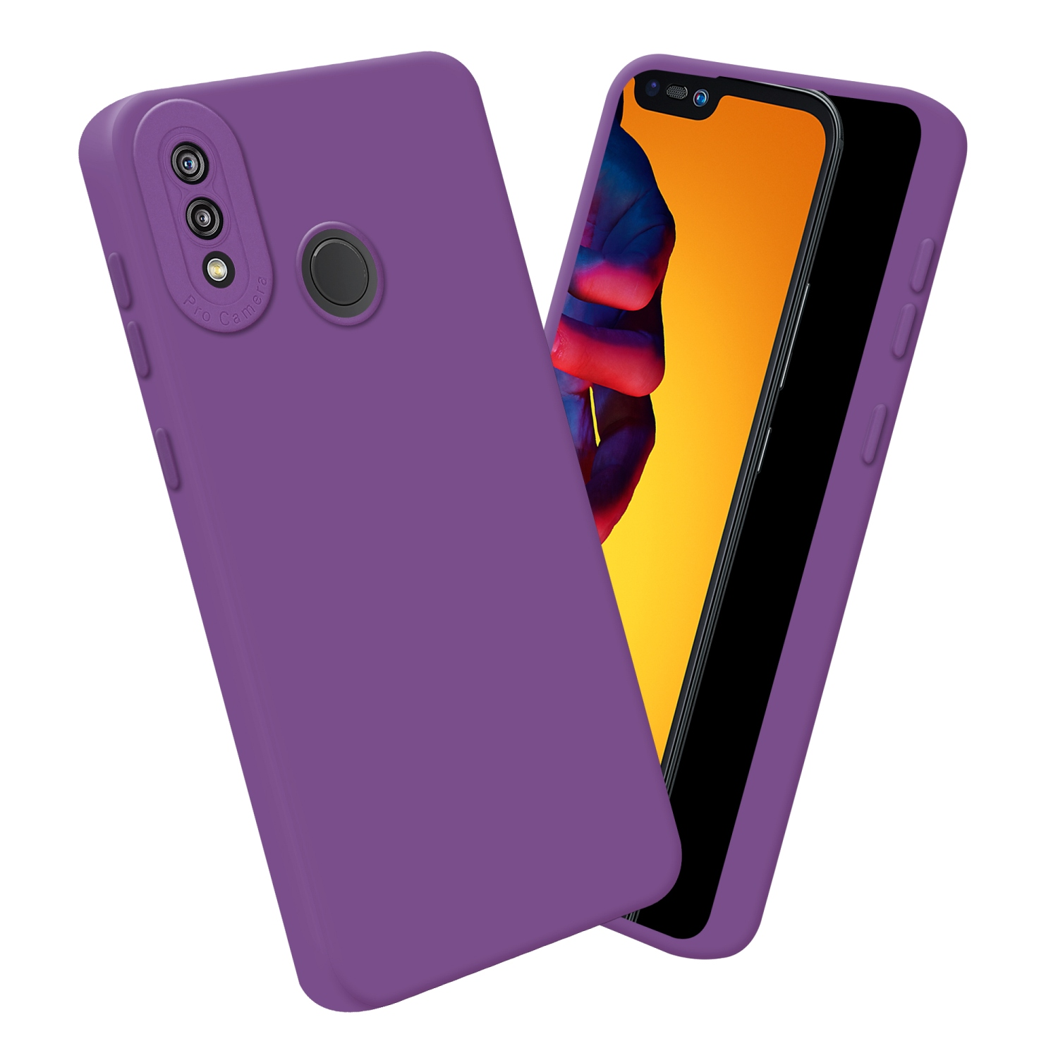 Custodie per telefono viola, una mostra uno schermo. Le fotocamere sono visibili. Sfondo bianco.
