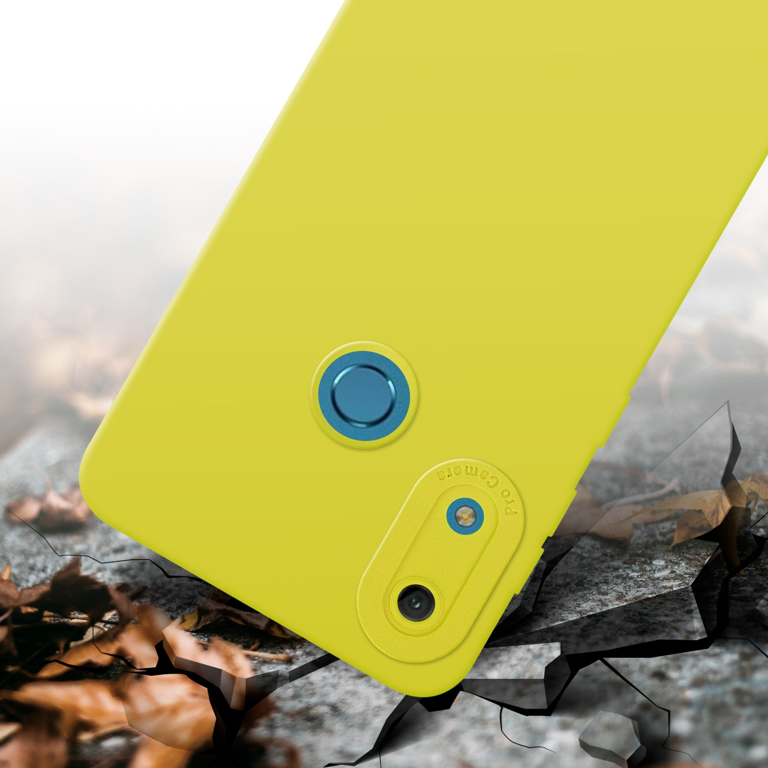 Una custodia per telefono gialla su una superficie incrinata. La custodia ha un ritaglio per la fotocamera e un'unica lente.