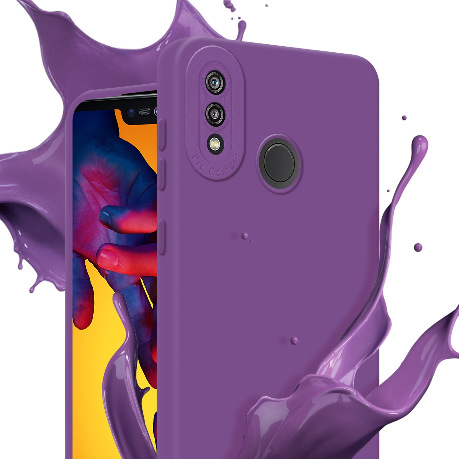 Custodia per telefono viola con schizzi. Schermo del telefono visibile. Dettaglio fotocamera Pro.