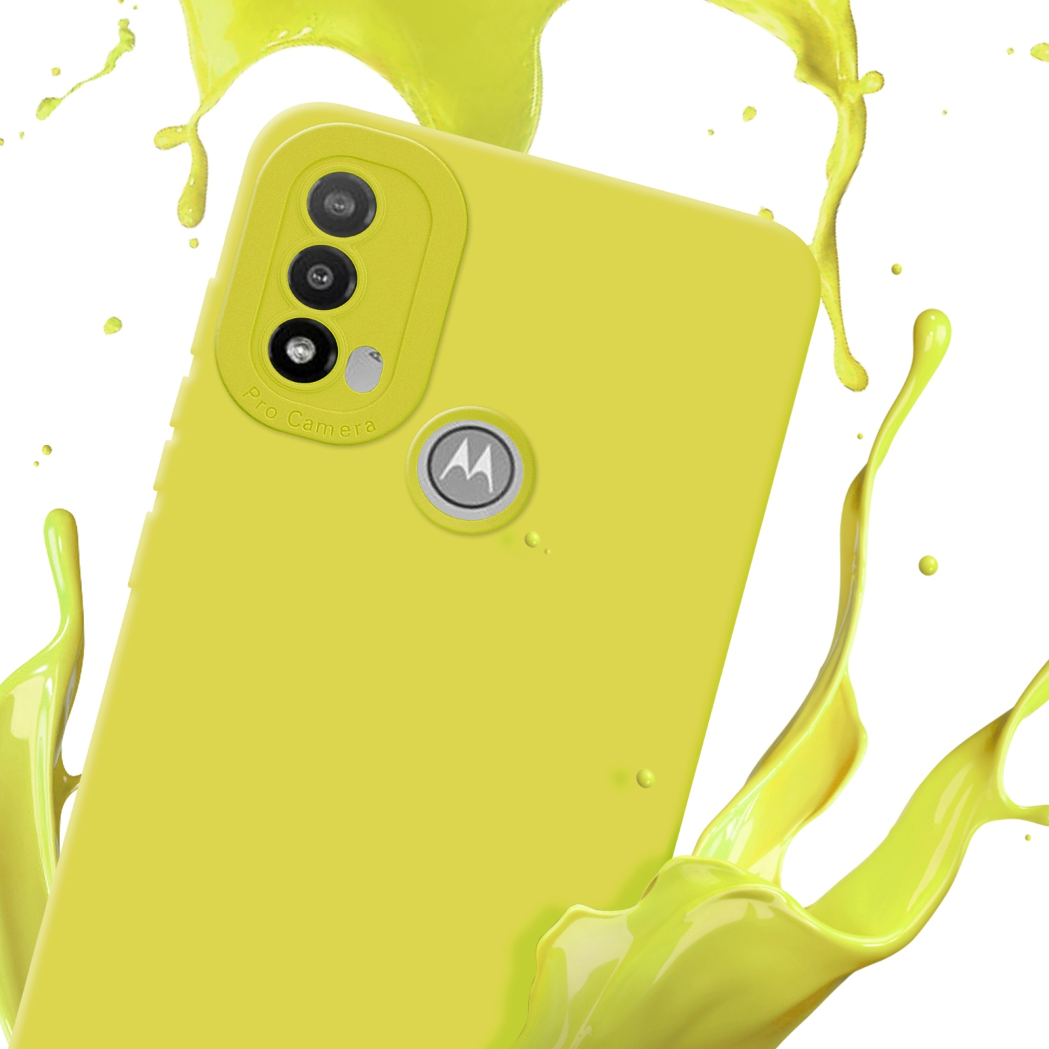 Custodia per telefono gialla con dettagli fotocamera, circondata da spruzzi gialli su sfondo bianco.