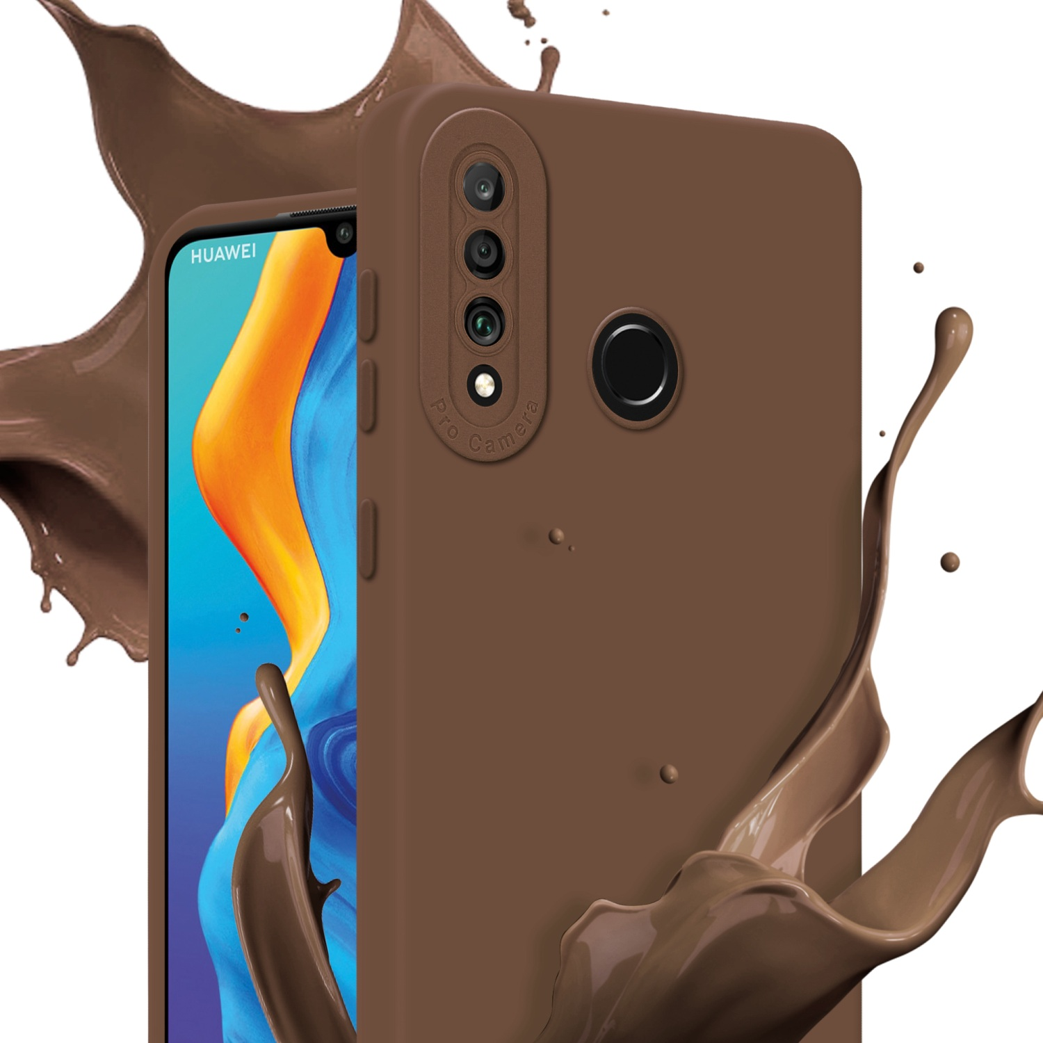 Custodia per telefono marrone con schizzo di liquido marrone. Lo schermo è visibile.