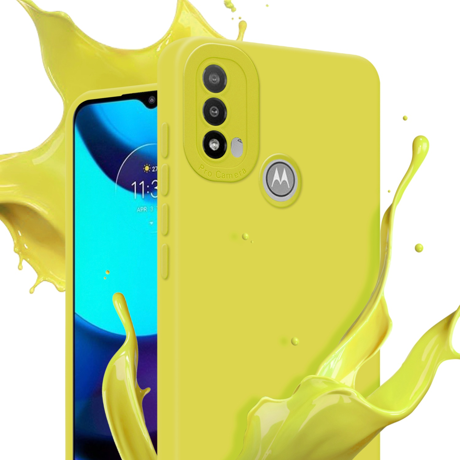 Custodia per telefono gialla con un telefono e schizzi di liquido giallo. Il telefono ha una fotocamera.